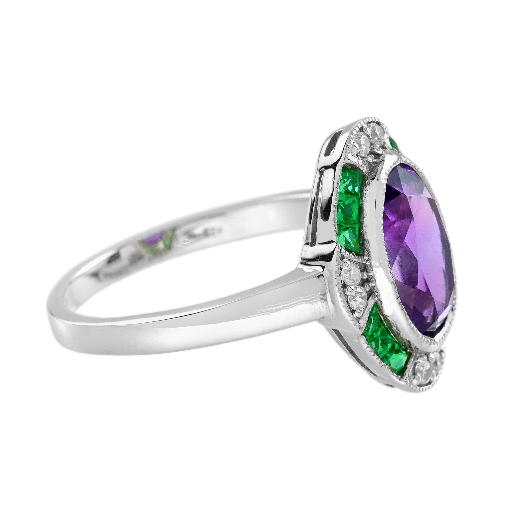 Esmeralda Amatista y Diamante Anillo Blanco Estilo Art Decó en Oro Blanco de 14K Corte oval en venta