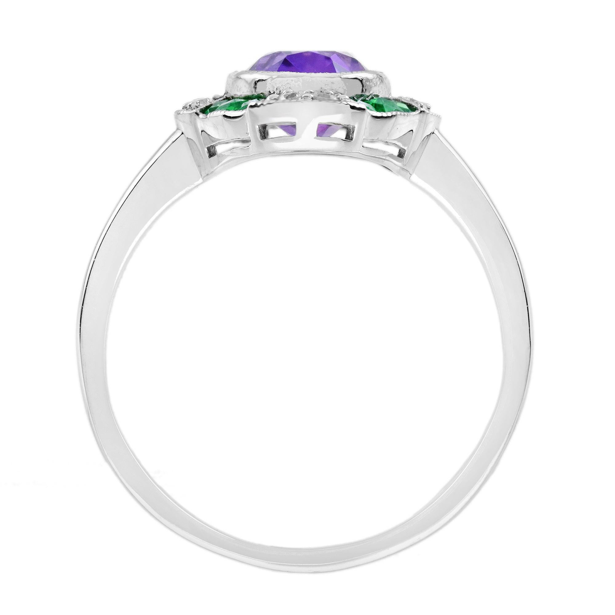 De las mujeres Esmeralda Amatista y Diamante Anillo Blanco Estilo Art Decó en Oro Blanco de 14K en venta