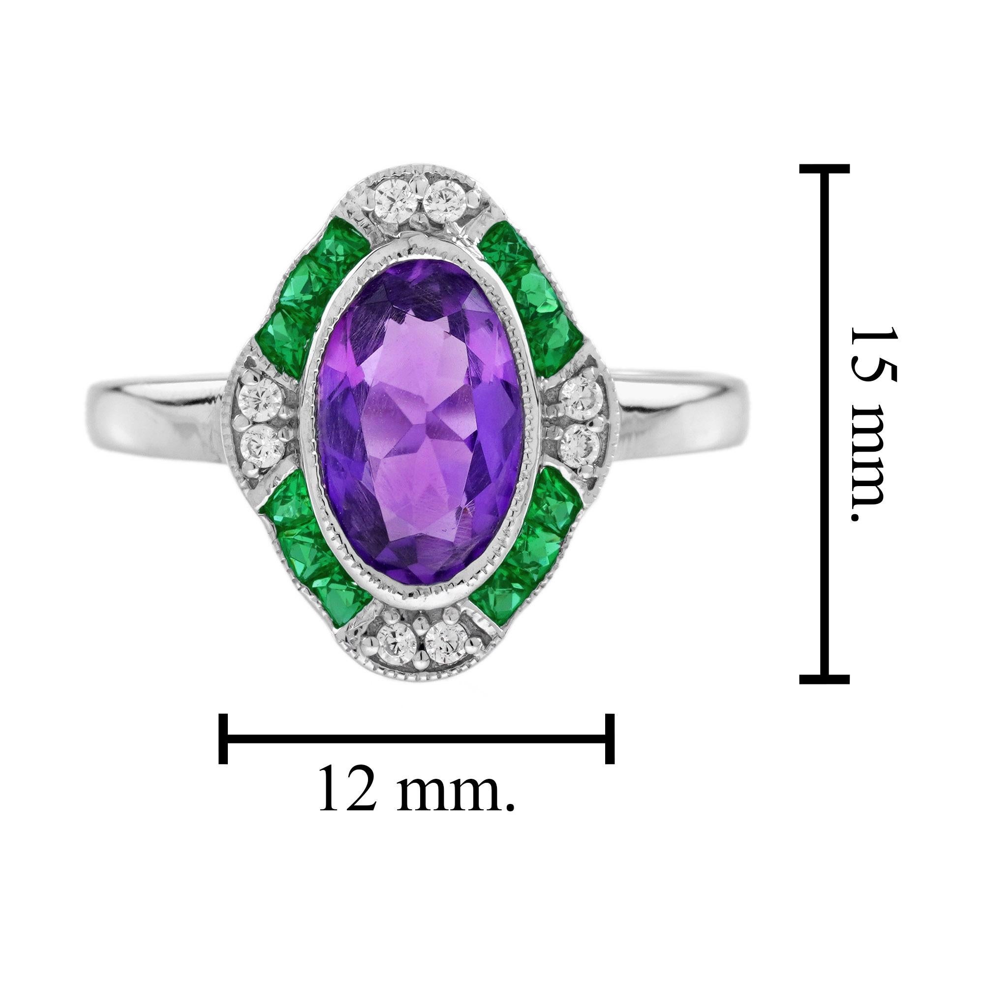 Esmeralda Amatista y Diamante Anillo Blanco Estilo Art Decó en Oro Blanco de 14K en venta 1
