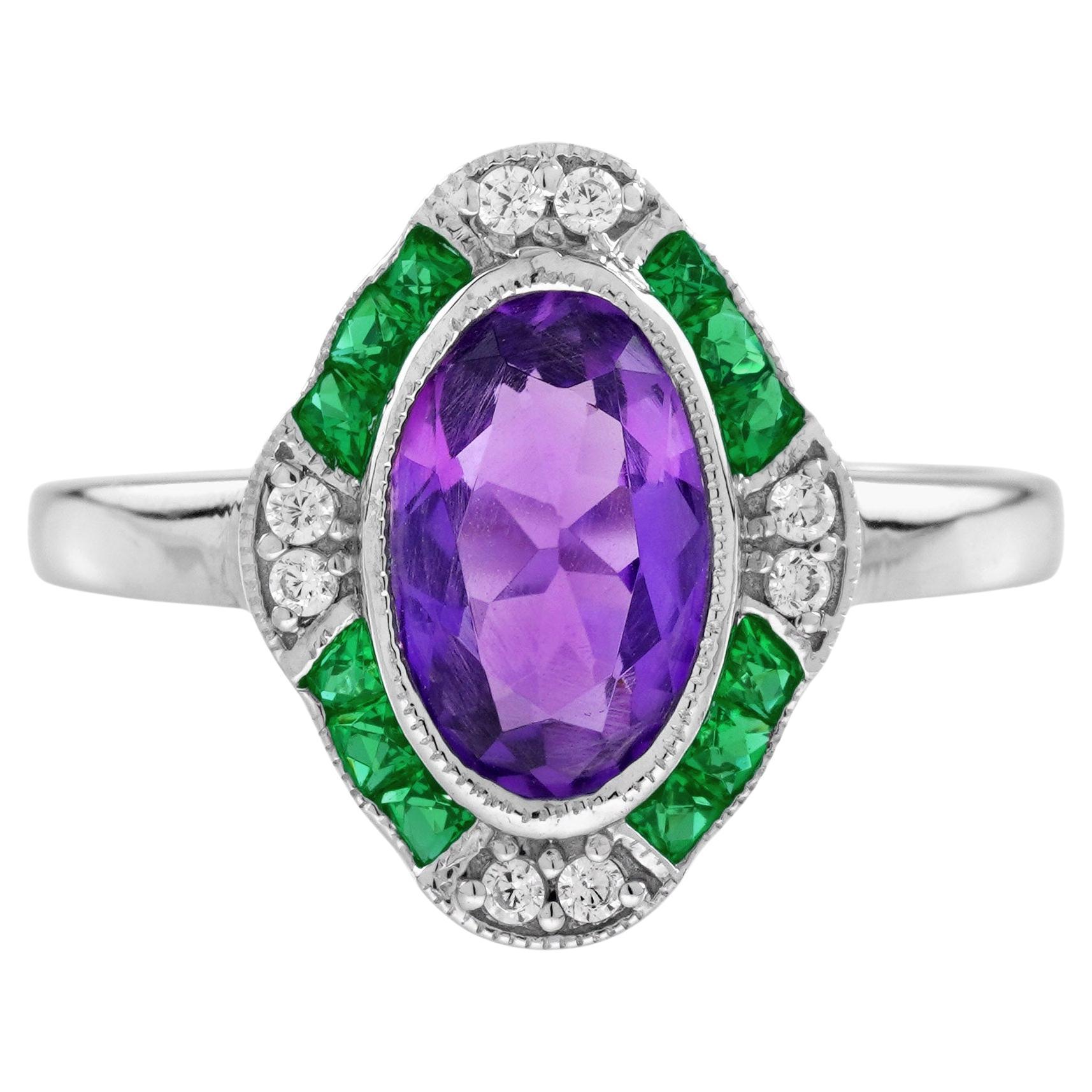 Bague cible en or blanc 14 carats, améthyste, émeraude et diamant de style Art déco