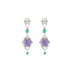 Amethyst, Emerald and Diamond Dangle Earring in 18k White Gold
