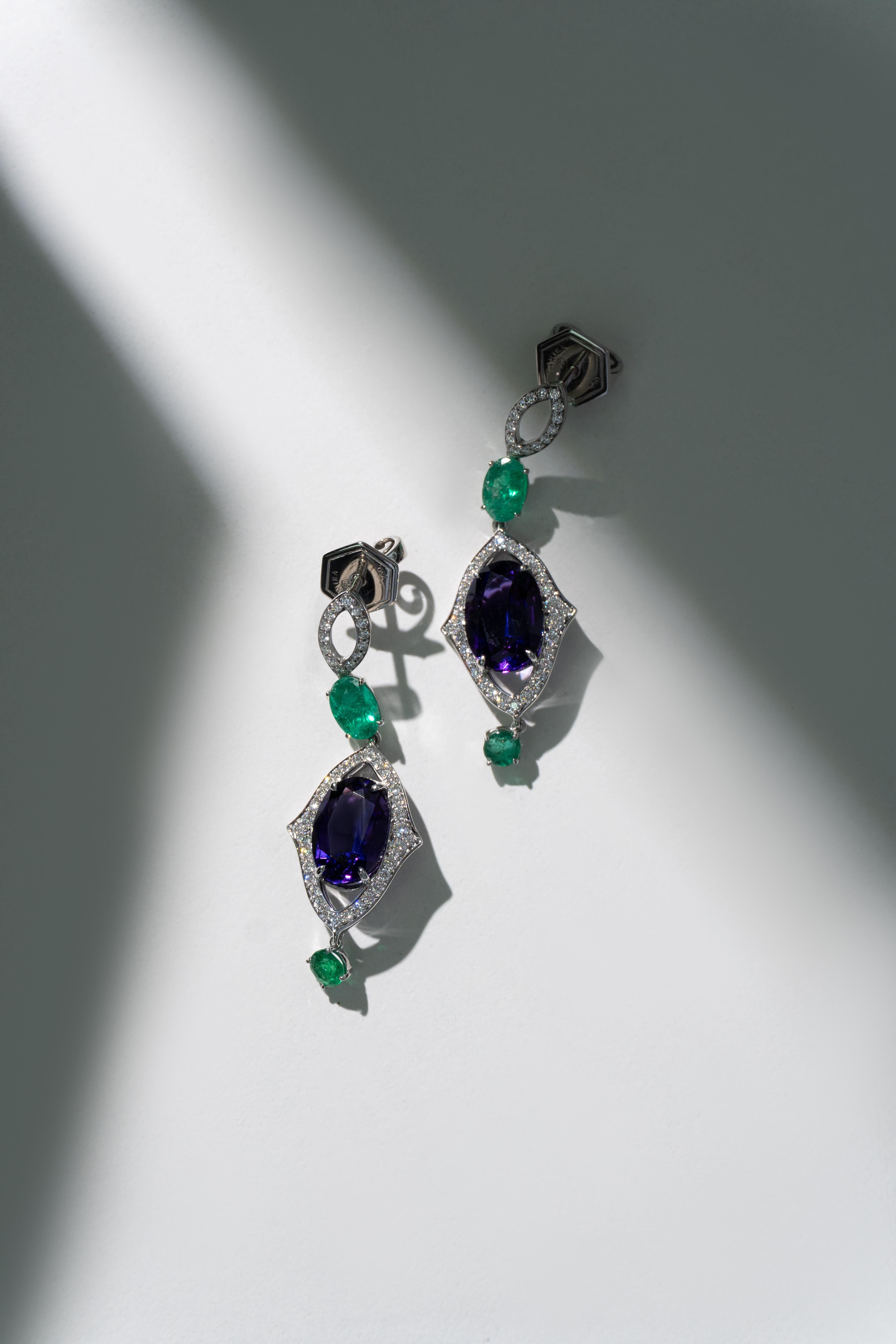 Modern Amethyst, Emerald and Diamond Dangle Earring in 18k White Gold For Sale
