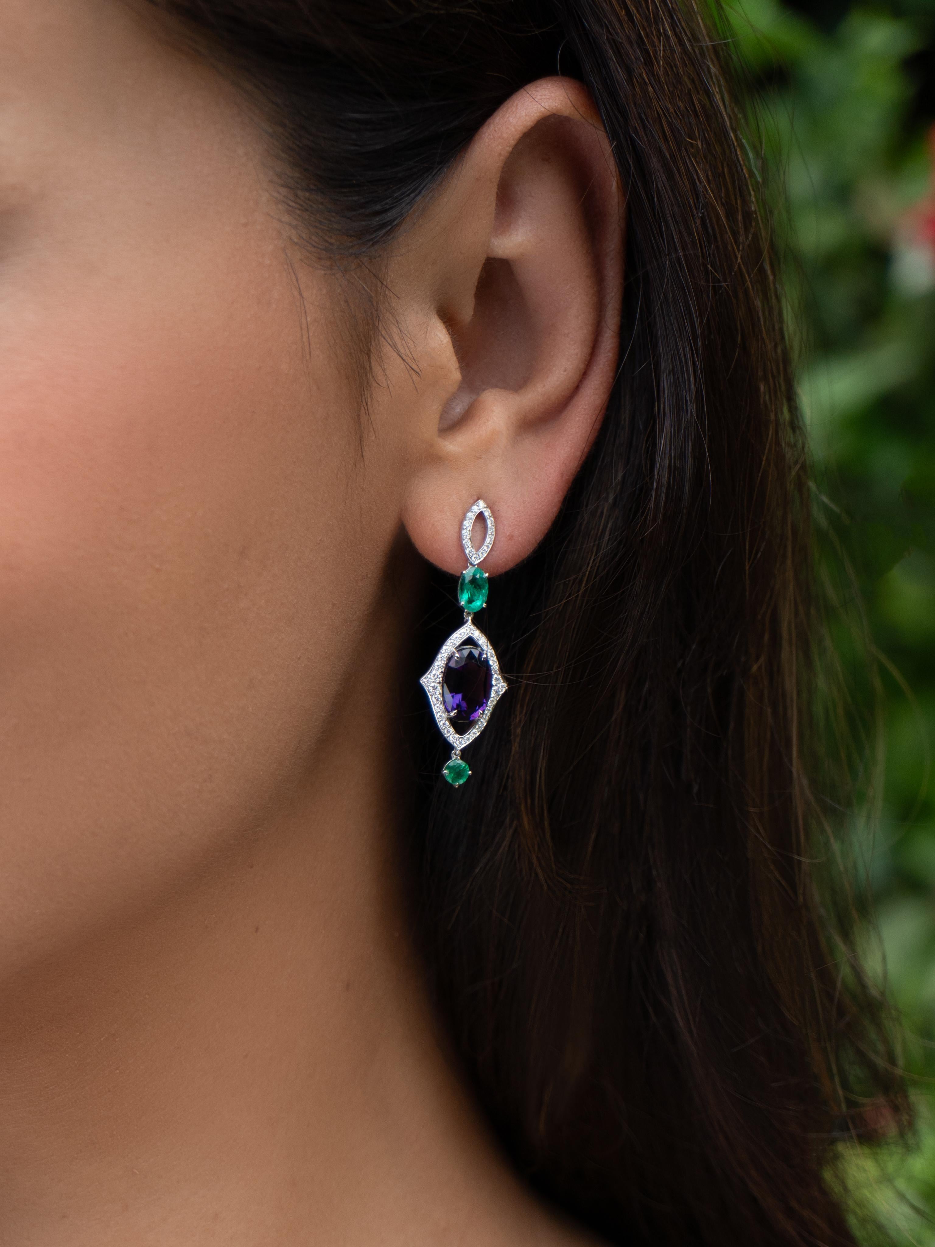 Oval Cut Amethyst, Emerald and Diamond Dangle Earring in 18k White Gold For Sale