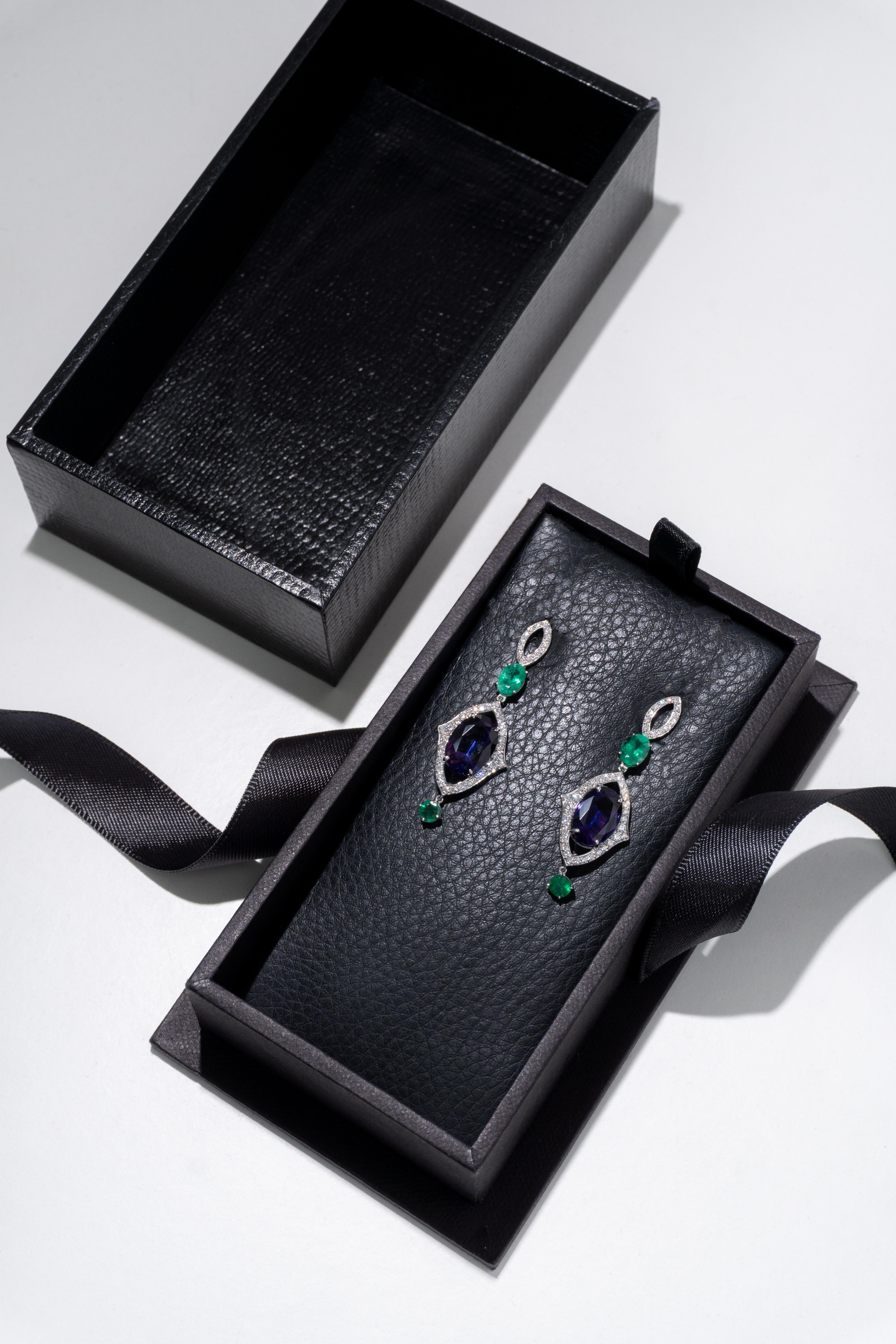 Women's Amethyst, Emerald and Diamond Dangle Earring in 18k White Gold For Sale