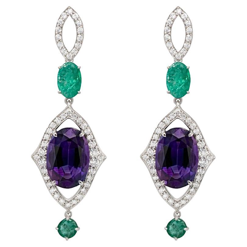 Amethyst, Emerald and Diamond Dangle Earring in 18k White Gold For Sale