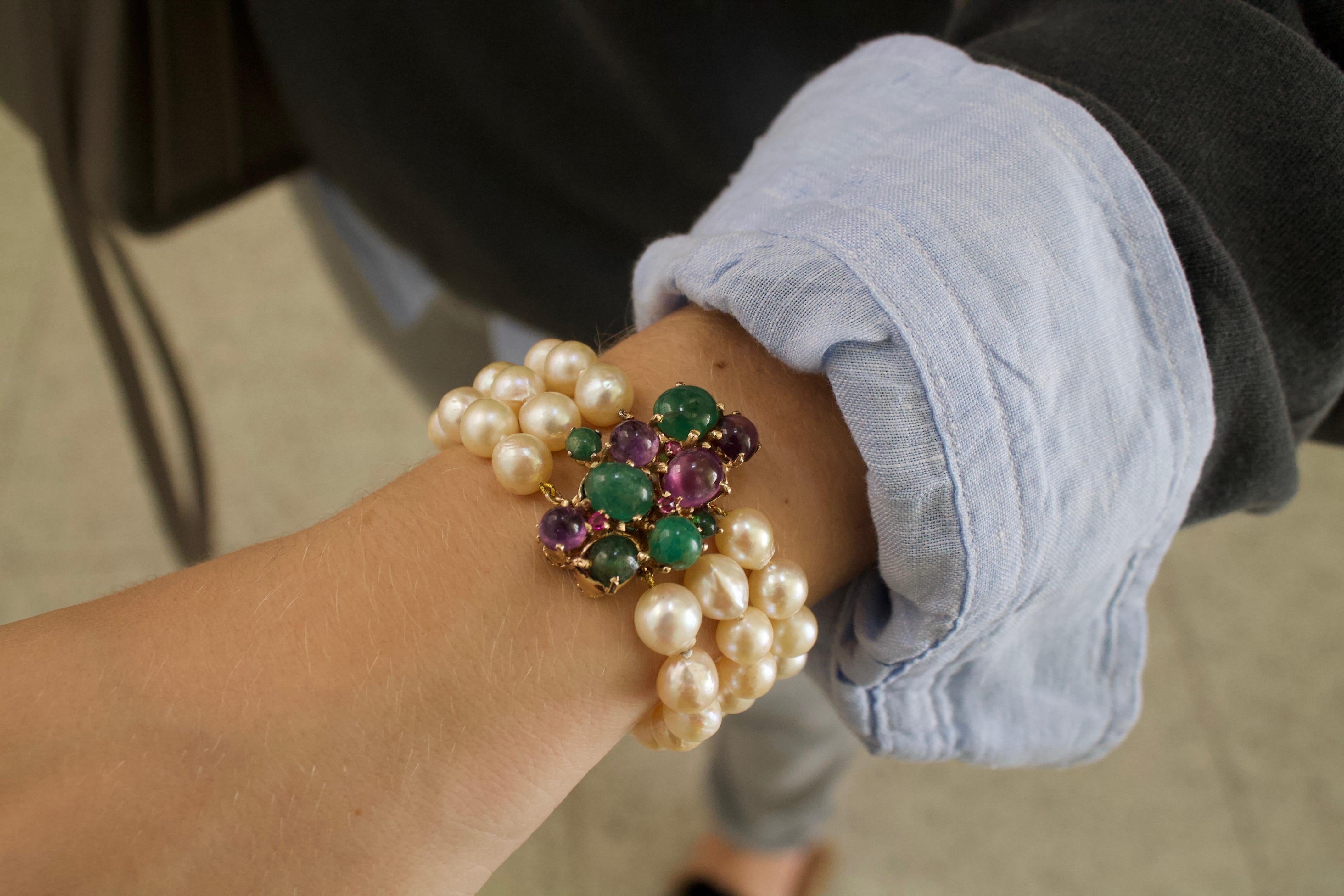 Cabochon Amethyst, Emerald and Pearl Funky Pretty Bracelet in Yellow Gold