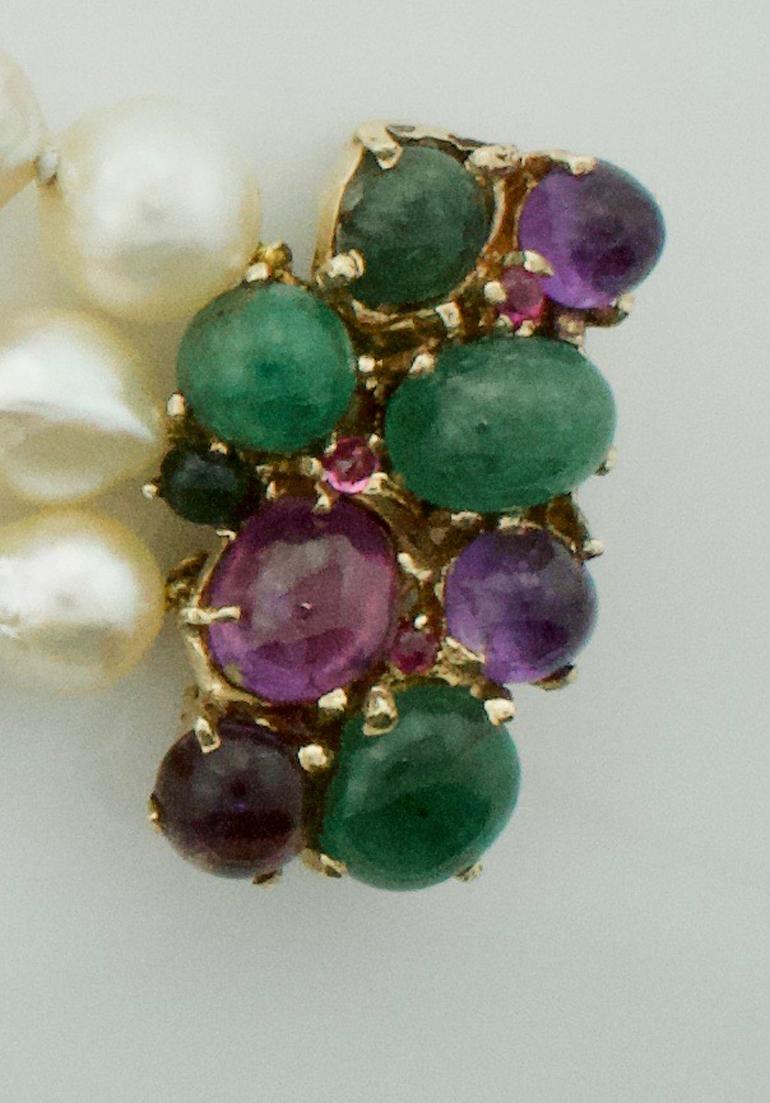 Amethyst, Emerald and Pearl Funky Pretty Bracelet in Yellow Gold In Excellent Condition In Wailea, HI