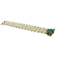 Amethyst, Emerald and Pearl Funky Pretty Bracelet in Yellow Gold