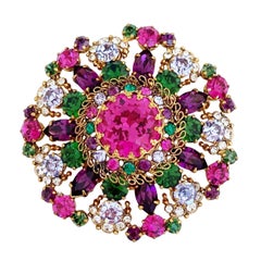 Retro Amethyst, Emerald and Pink Topaz Austrian Crystal Bejeweled Brooch, 1950s