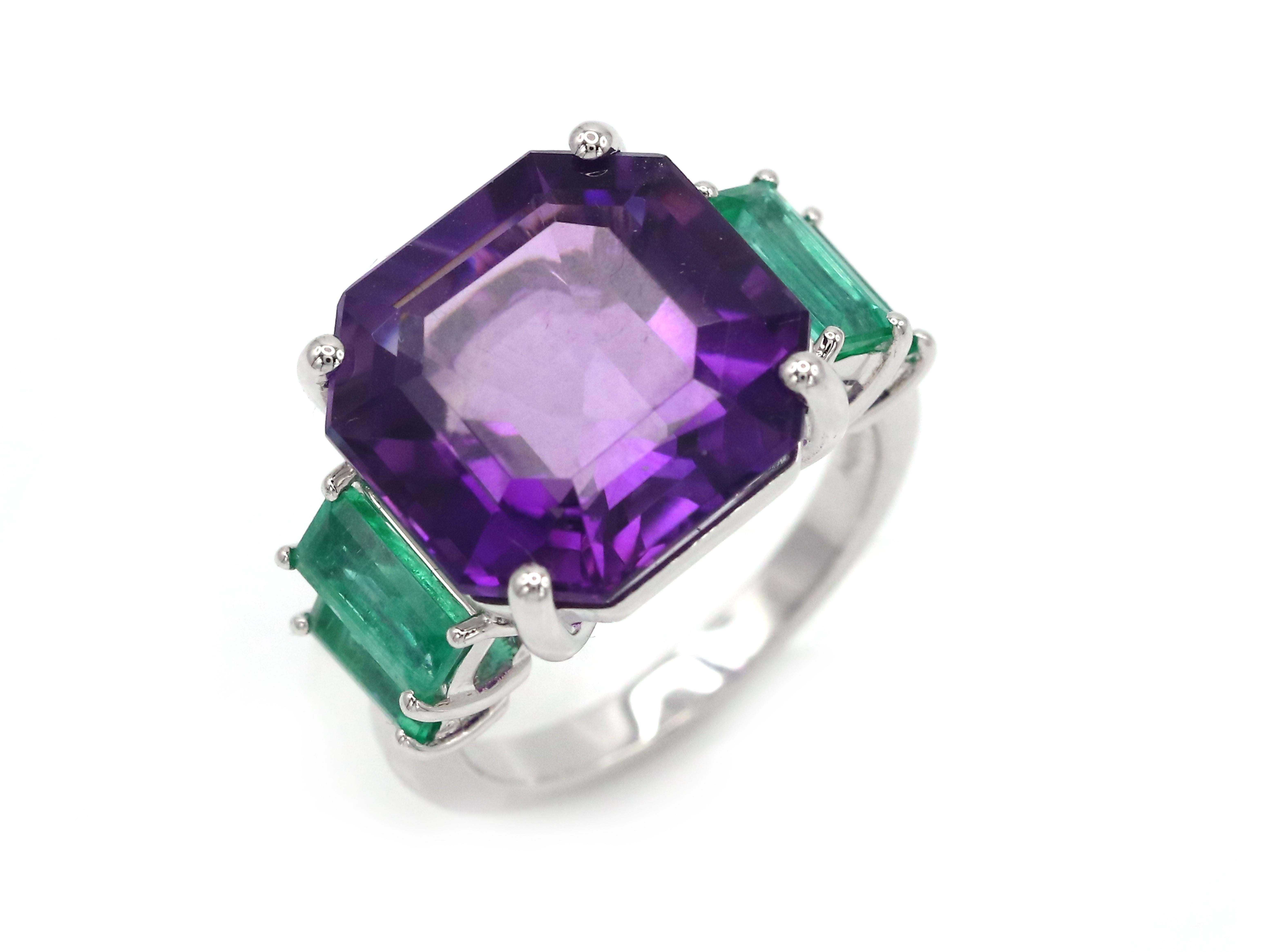 Modern Amethyst Emerald Cushion Cut 18K White Gold Exclusive Ring For Her For Sale