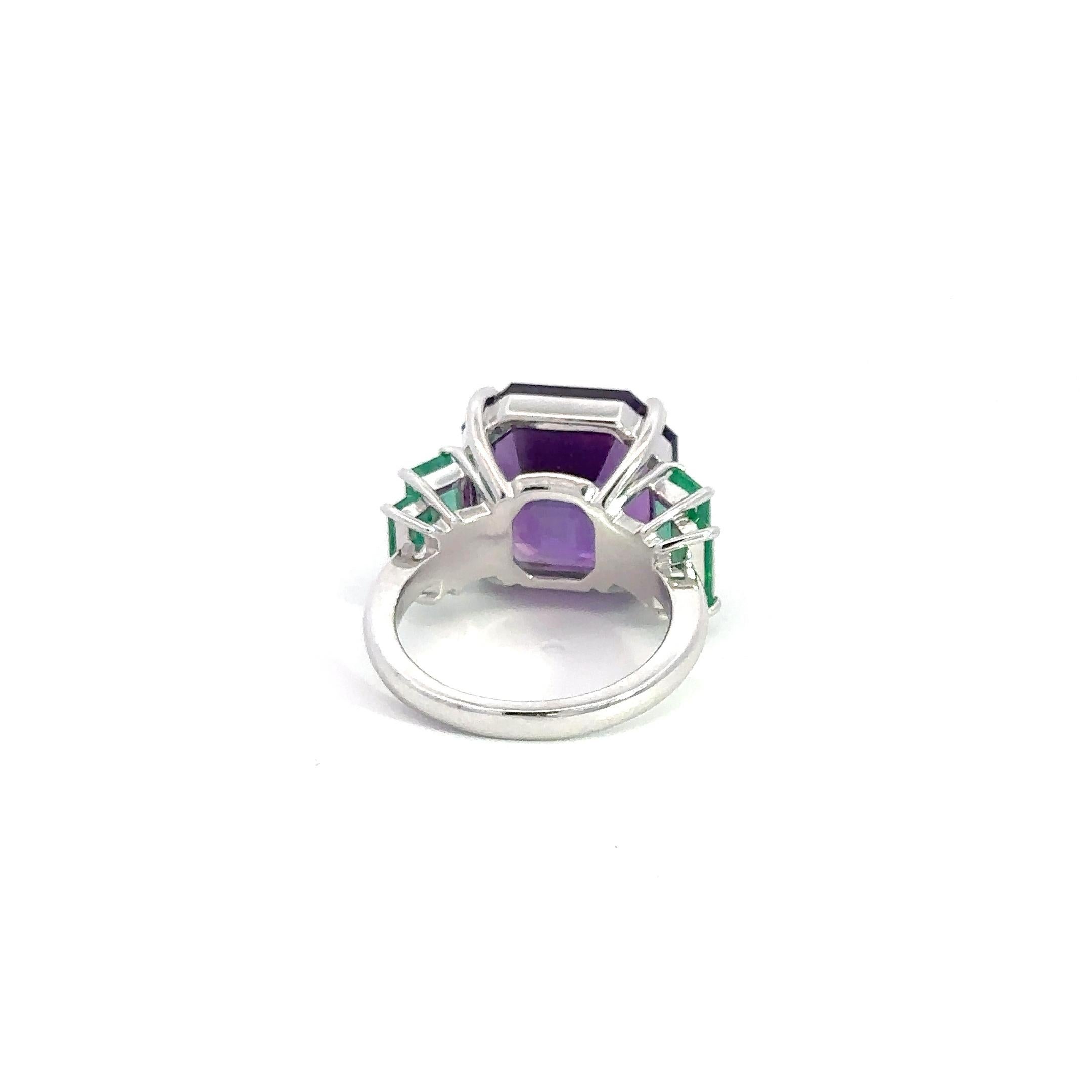 Amethyst Emerald Cushion Cut 18K White Gold Exclusive Ring For Her In New Condition For Sale In Montreux, CH