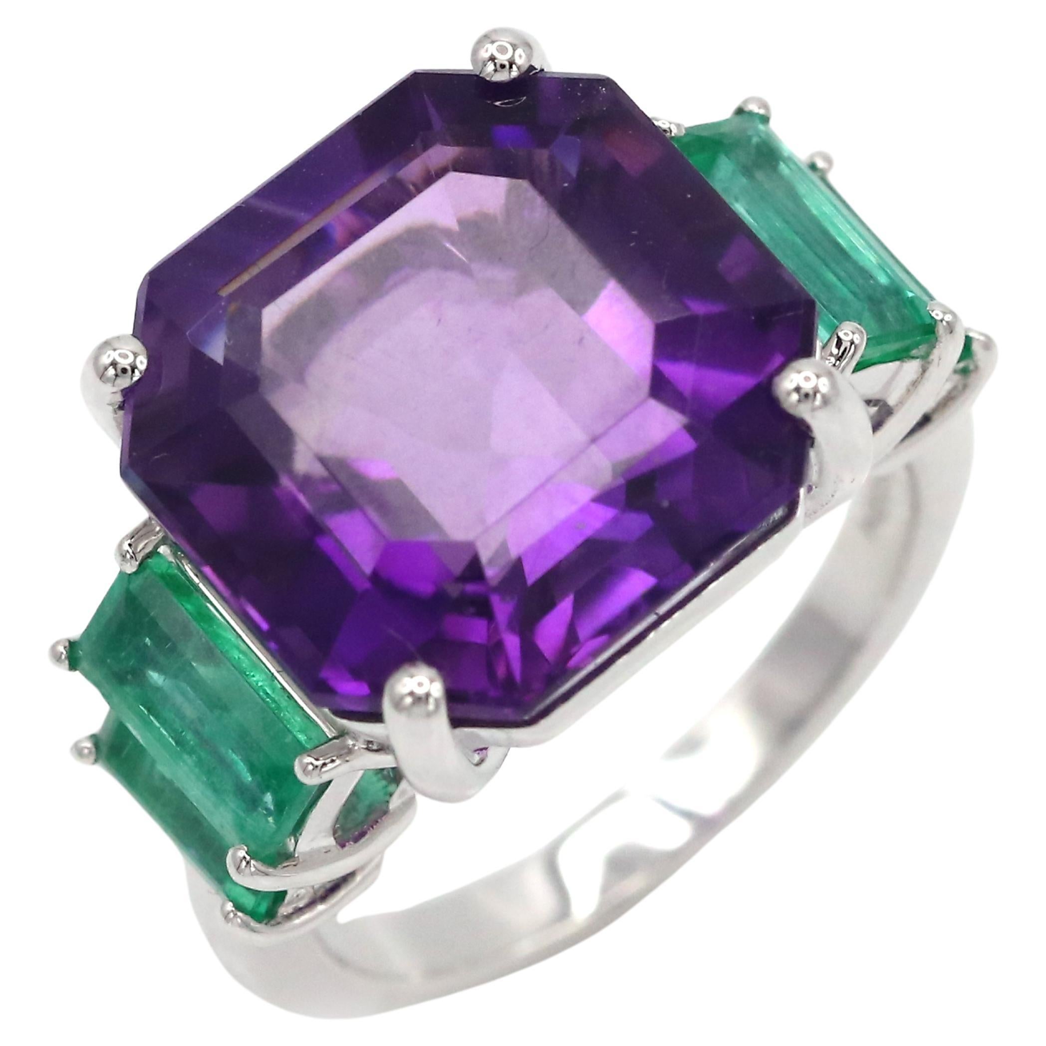 Amethyst Emerald Cushion Cut 18K White Gold Exclusive Ring For Her For Sale