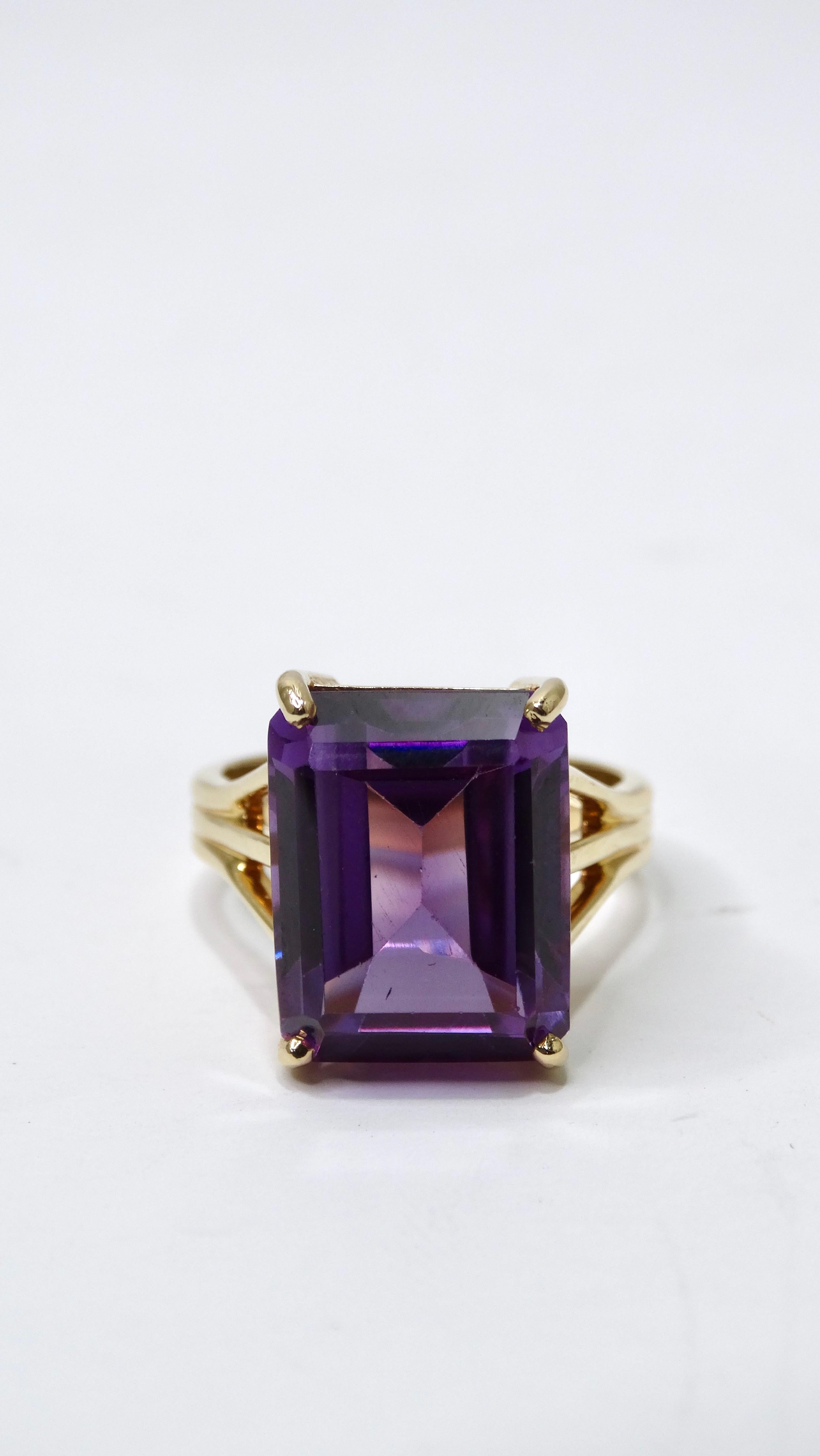 This impeccably designed ring can be yours today! Don't miss your chance to get your hands on this beautiful Amethyst stone (approx. 10 ctw) in an emerald cut. Amethyst is a lilac variety of quartz and it provides spiritual healing, calmness, and