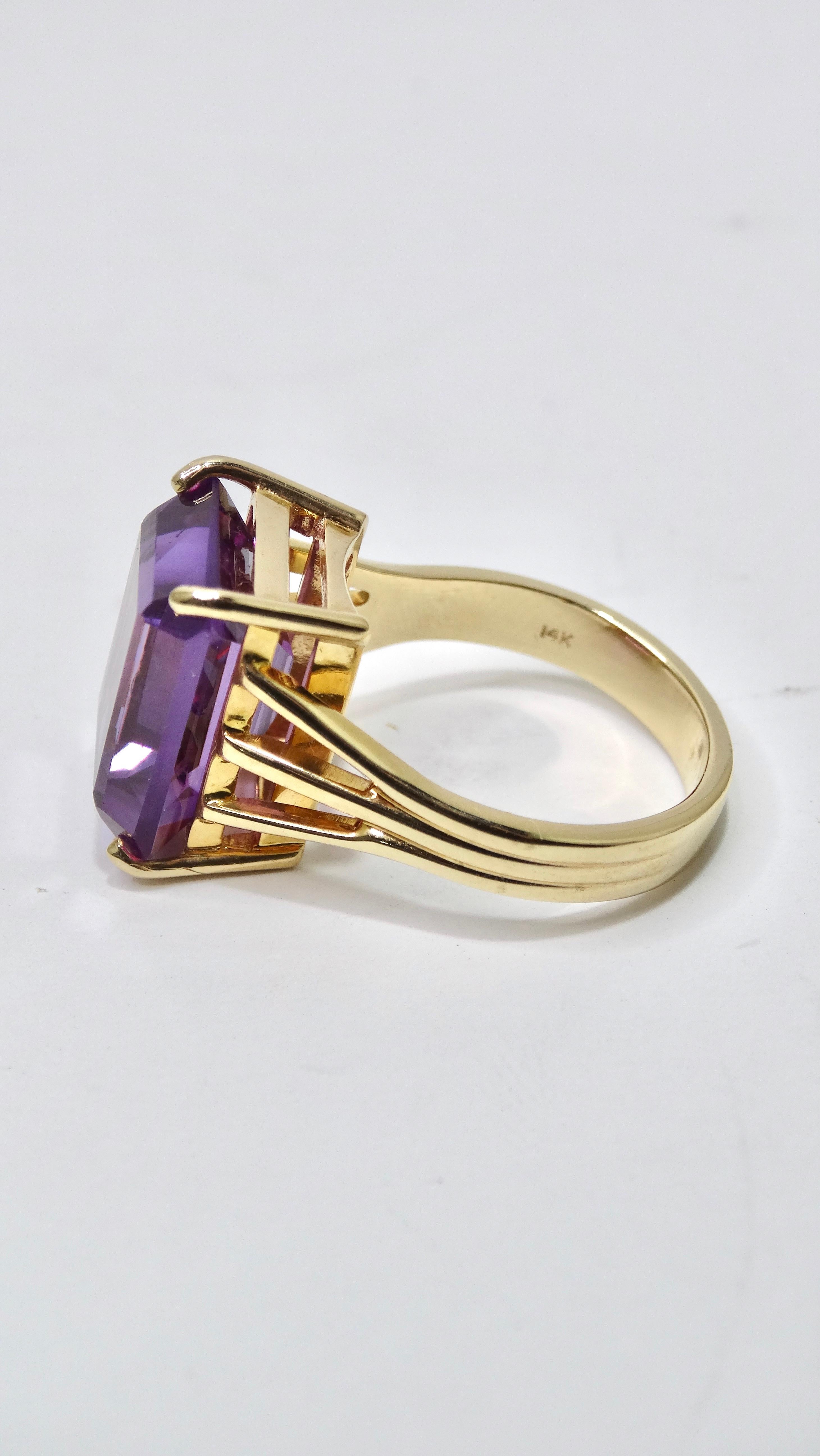 Women's or Men's Amethyst Emerald Cut 14k Gold Solitaire Ring For Sale