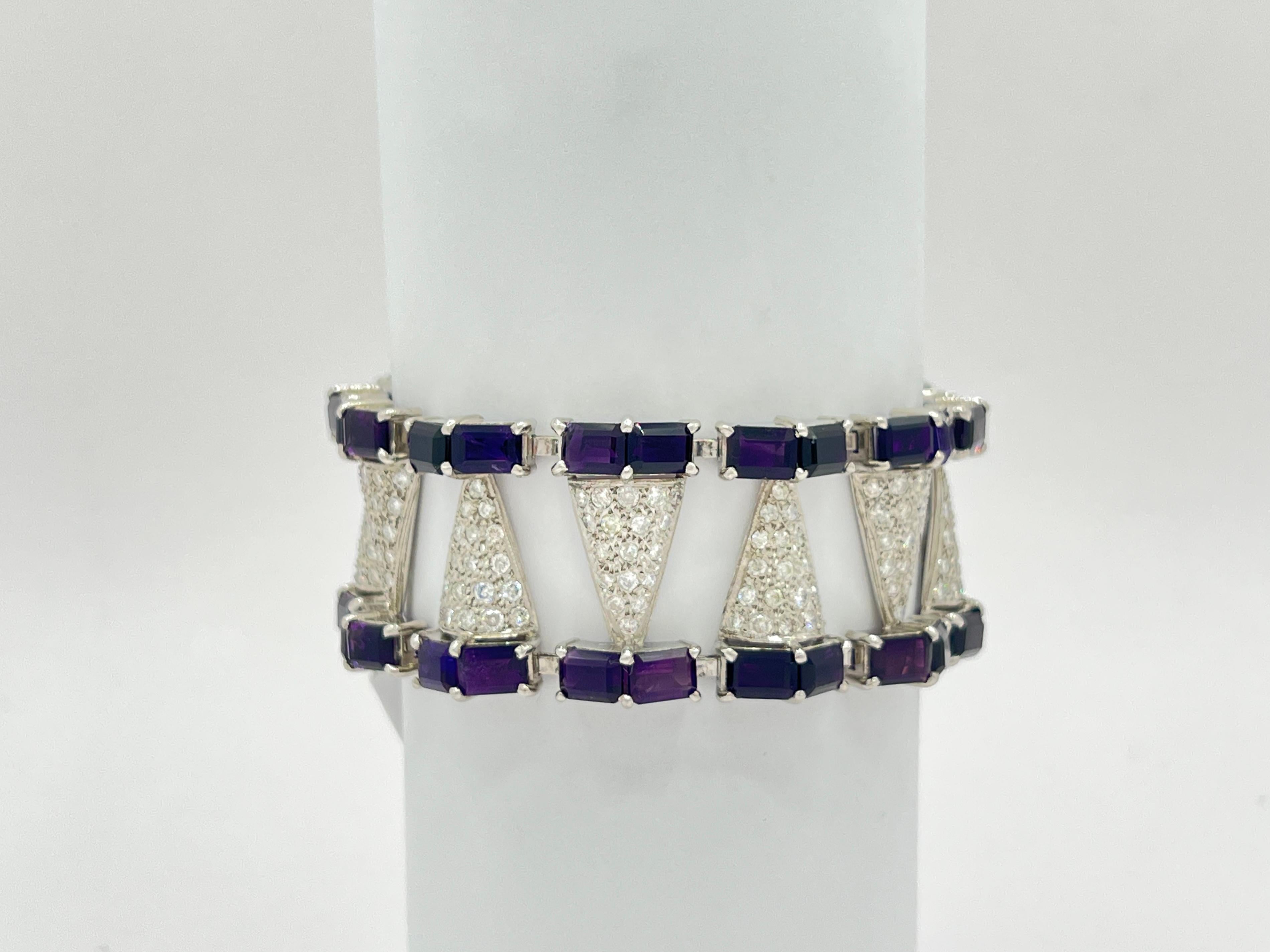 Bracciale con ametista taglio smeraldo e diamanti bianchi in platino e palladio In condizioni Nuovo in vendita a Los Angeles, CA