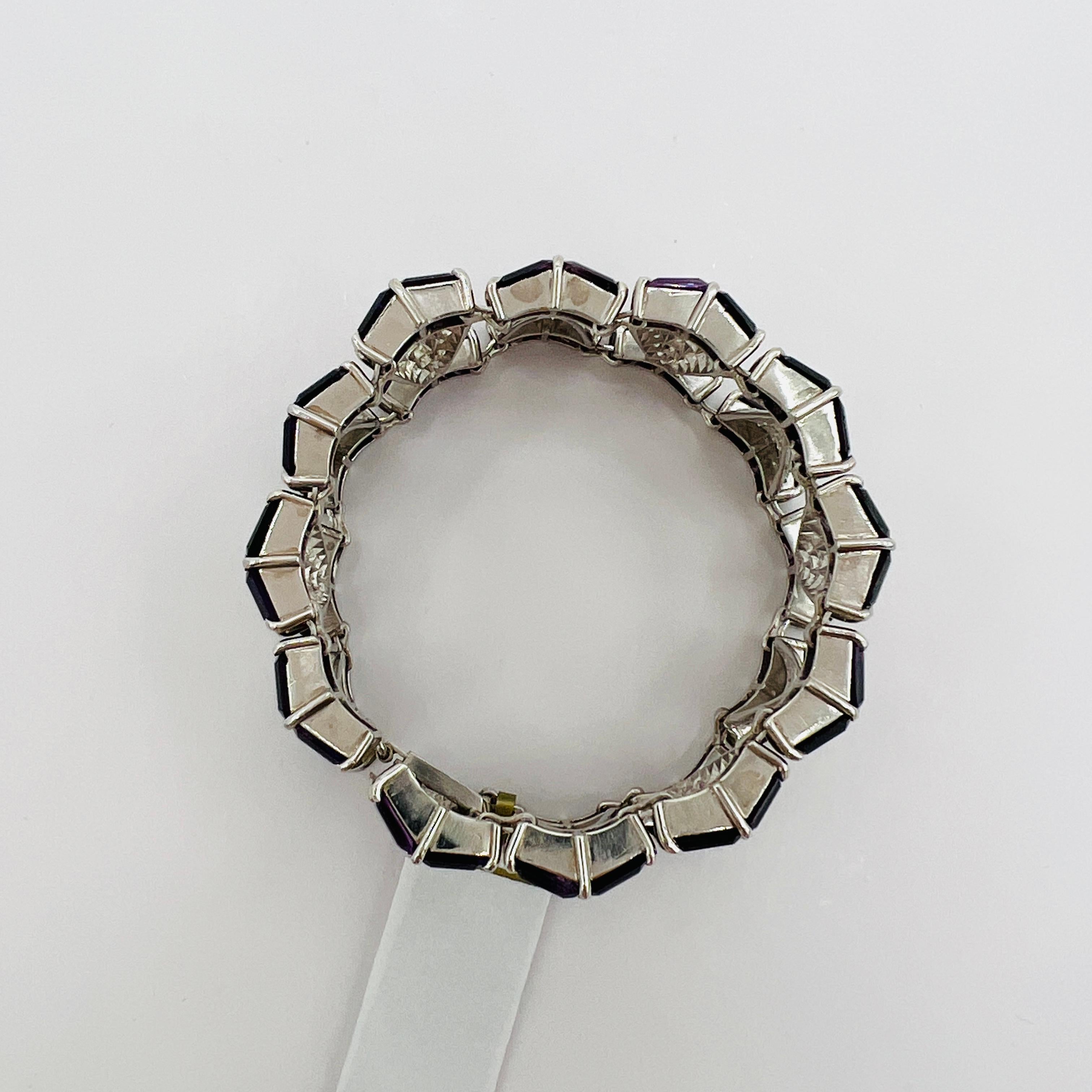 da uomo o donna Bracciale con ametista taglio smeraldo e diamanti bianchi in platino e palladio in vendita