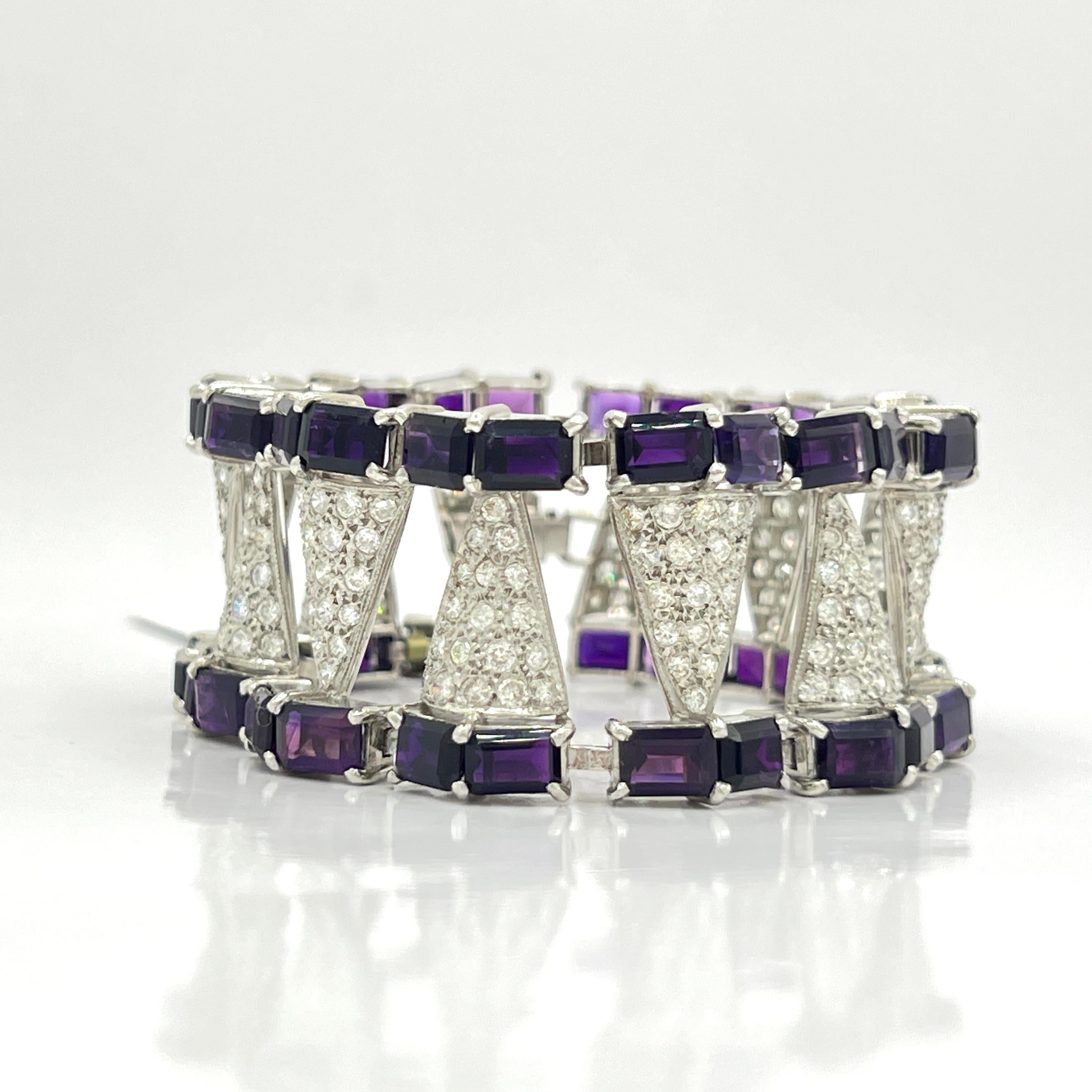 Bracciale con ametista taglio smeraldo e diamanti bianchi in platino e palladio in vendita 1