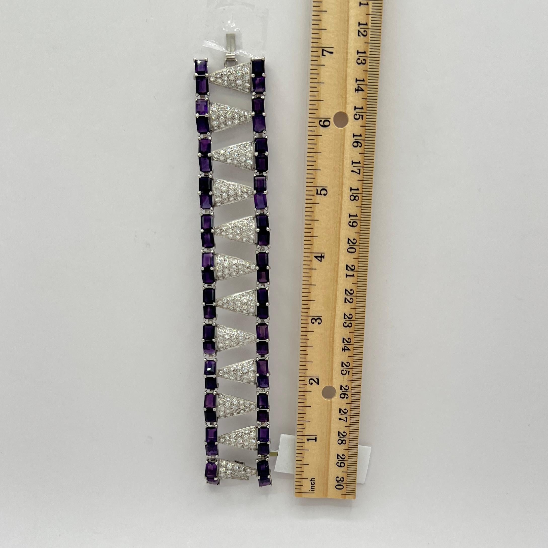 Bracciale con ametista taglio smeraldo e diamanti bianchi in platino e palladio in vendita 3