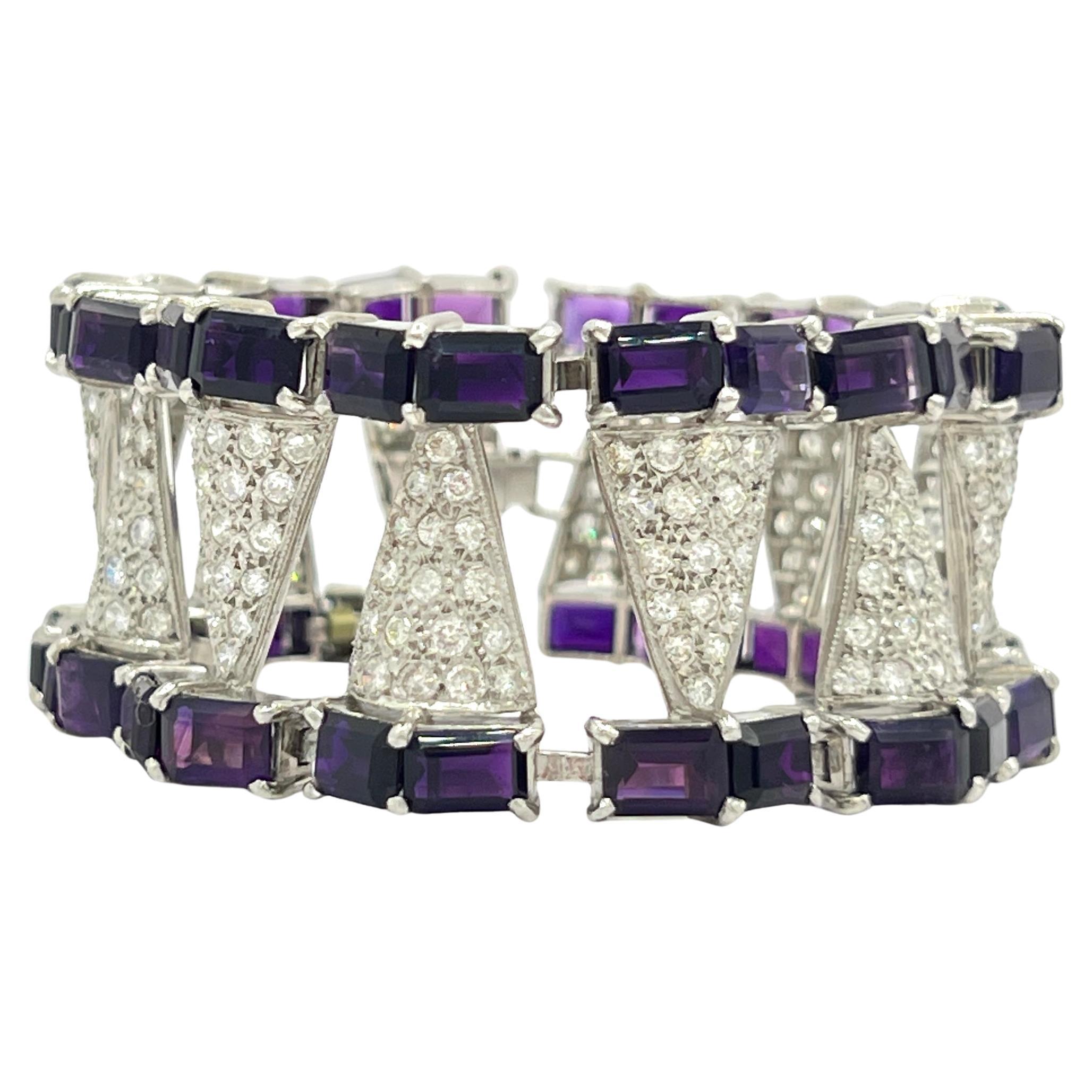 Amethyst Emerald Cut and White Diamond Bracelet in Platinum & Palladium