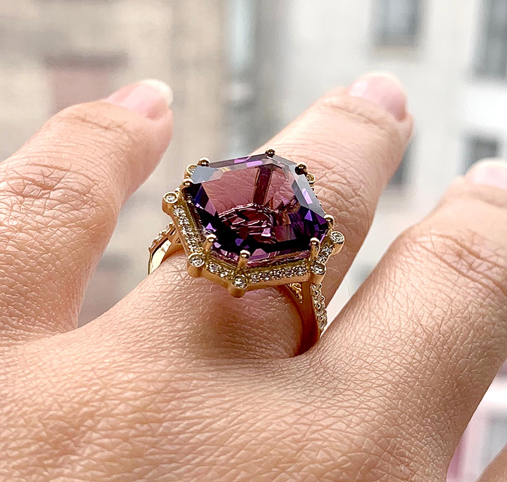 Amethyst Emerald Cut Asscher Ring in 18K Yellow Gold with Diamonds, from 'Gossip' Collection.
Please allow 4-5 weeks for this item to be delivered.

Stone Size: 12 x 12 mm 

Gemstone Approx Wt: Amethyst- 7.43 Carats

Diamonds: G-H / VS; Approx. Wt.: