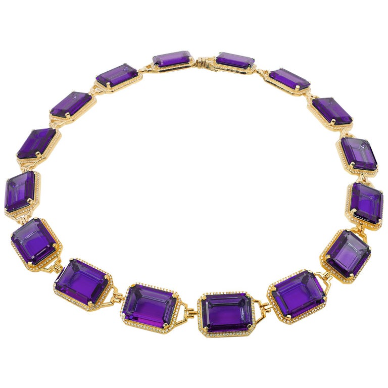 Amethyst Emerald Cut Choker Necklace with Diamonds For Sale at 1stdibs