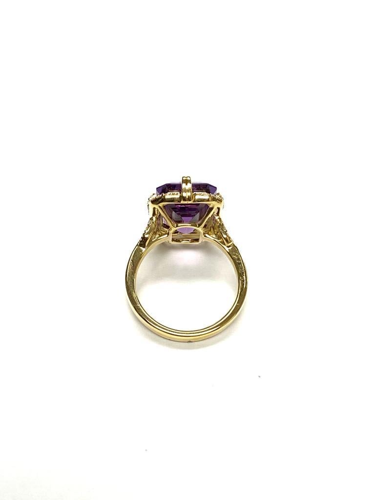 Amethyst Emerald Cut Ring with Diamonds, in 18k Yellow Gold, from 'Gossip' Collection

Stone Size: 10 x 15 mm

Gemstone Weight: 6.35 Carats

Diamonds: G-H / VS, Approx Wt: 0.28 Carats
