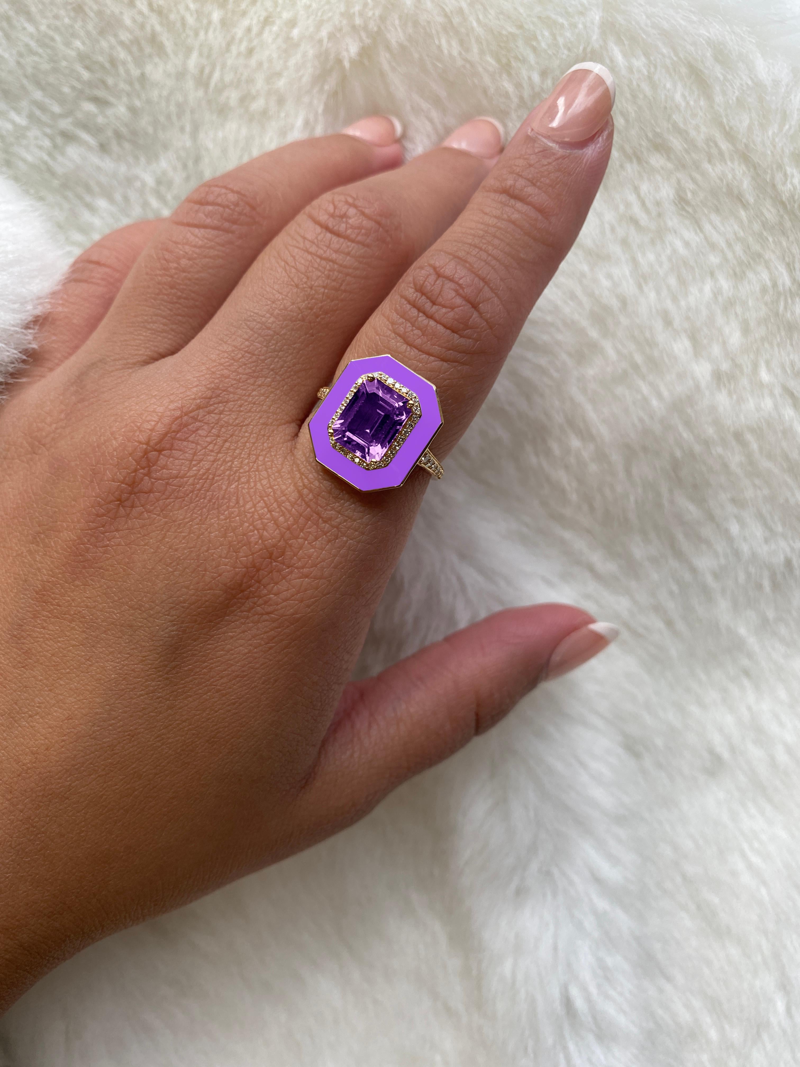 Contemporary Amethyst Emerald Cut with Diamonds and Purple Enamel Ring