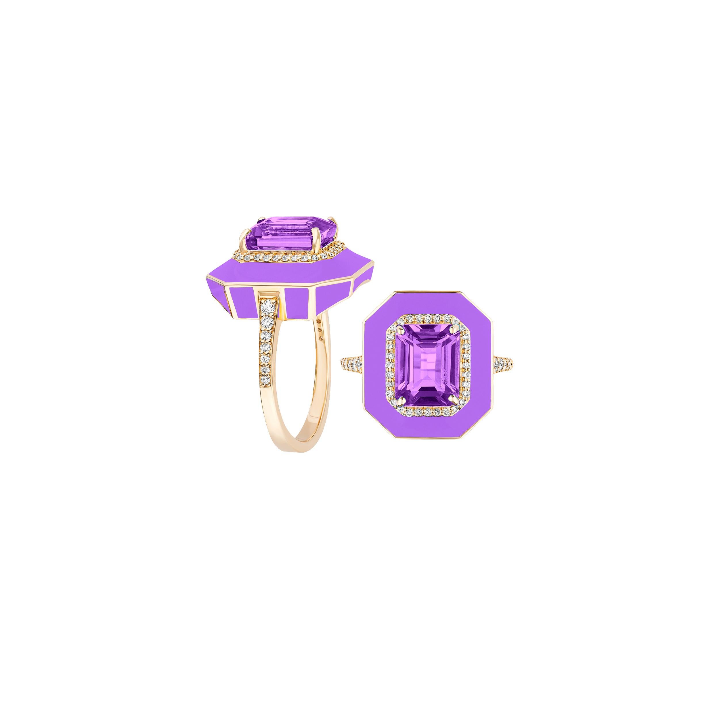 Amethyst Emerald Cut with Diamonds and Purple Enamel Ring In New Condition In New York, NY
