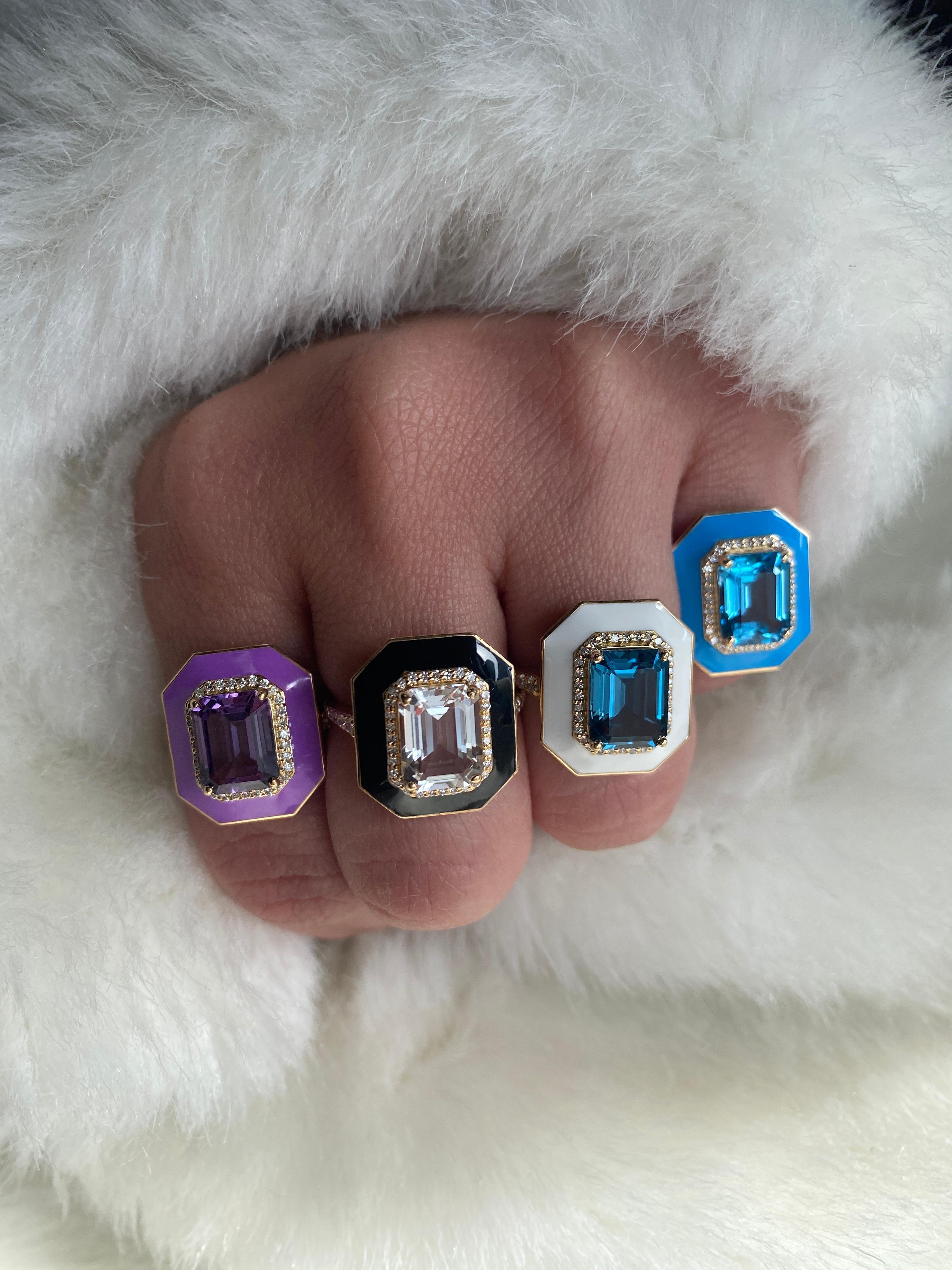 Women's Amethyst Emerald Cut with Diamonds and Purple Enamel Ring For Sale