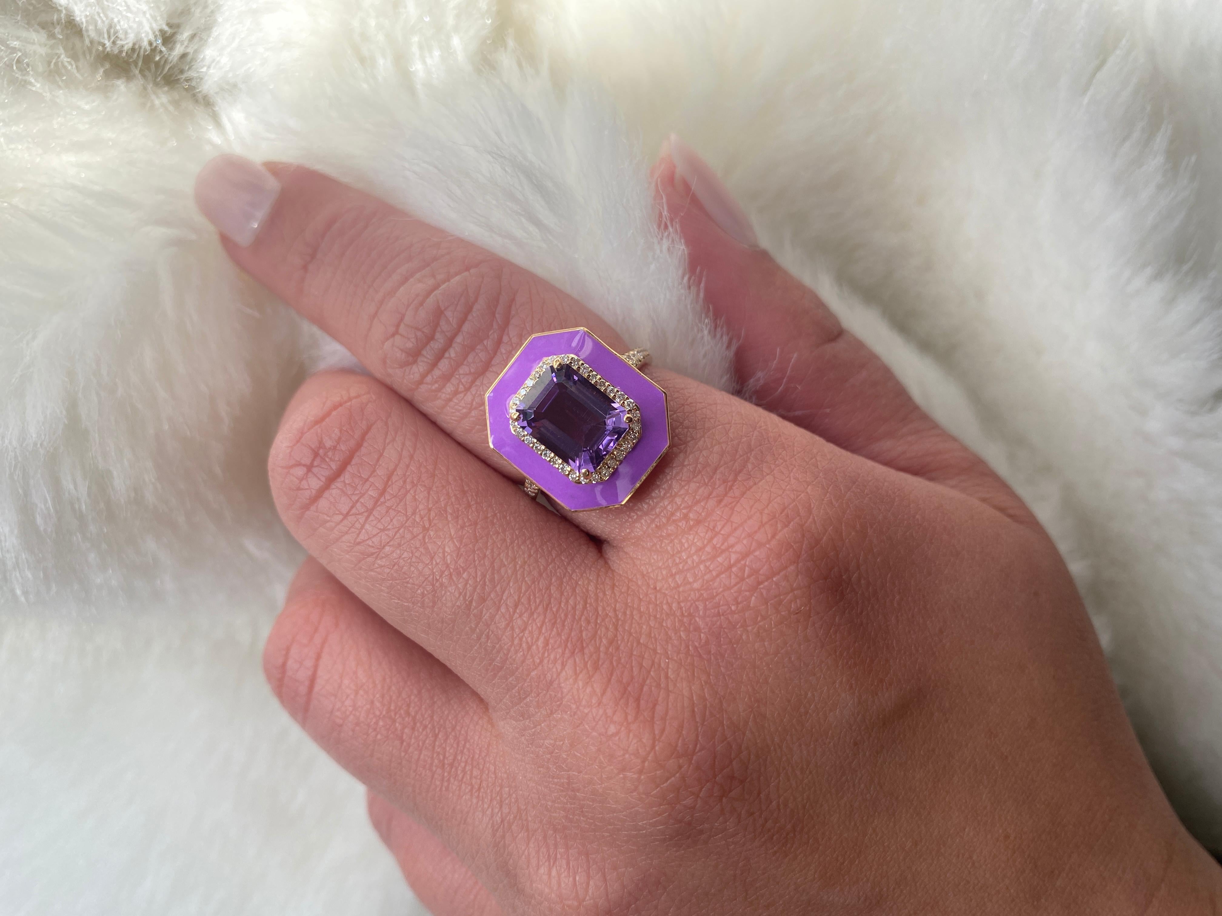 Amethyst Emerald Cut with Diamonds and Purple Enamel Ring 1