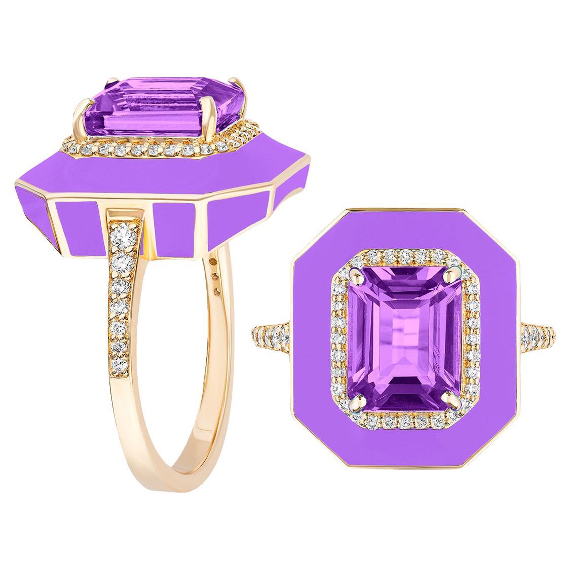 Amethyst Emerald Cut with Diamonds and Purple Enamel Ring For Sale