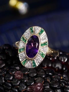 Amethyst Emerald Diamond Art Deco Style Cocktail Ring in 14K Yellow Gold