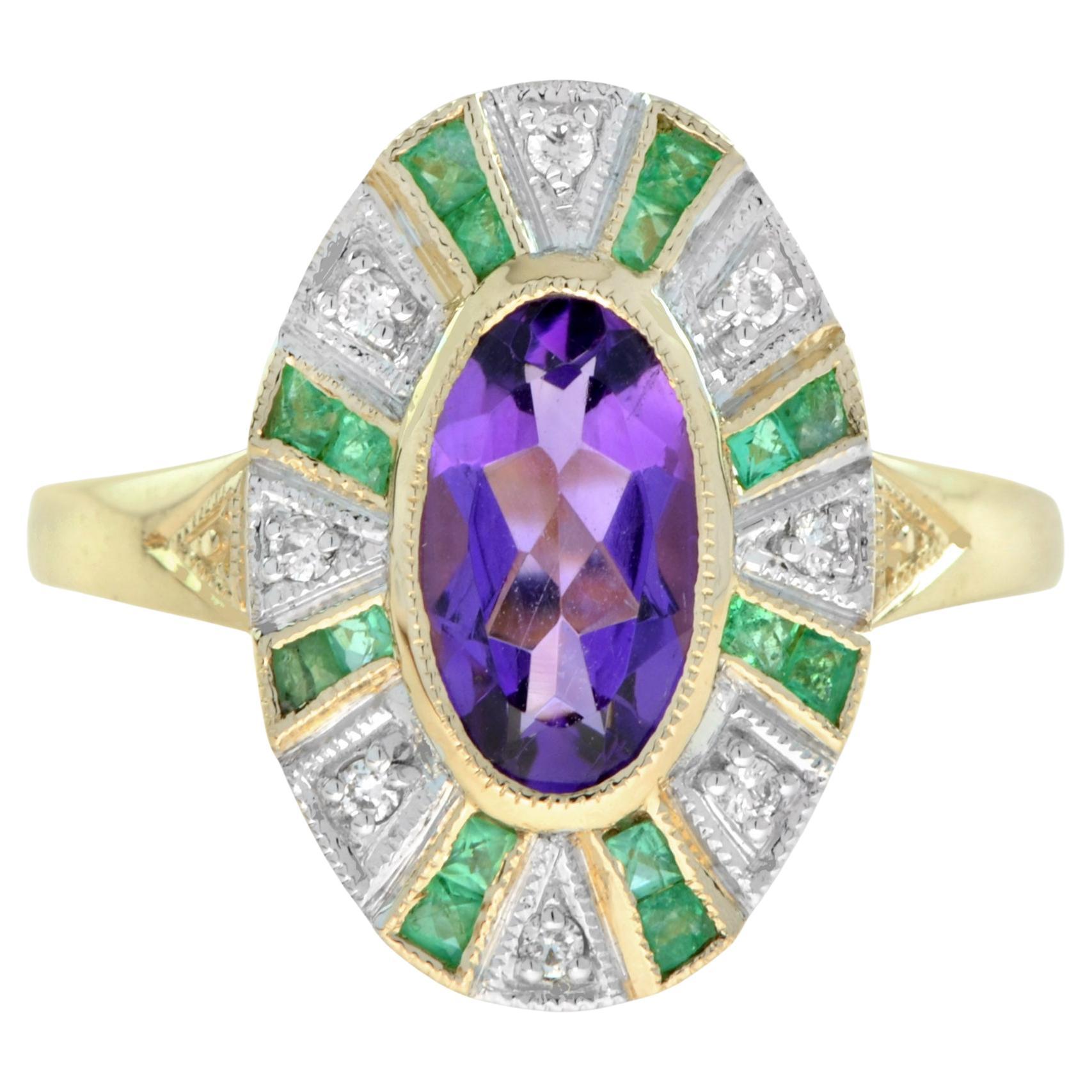 Amethyst Emerald Diamond Art Deco Style Cocktail Ring in 14K Yellow Gold