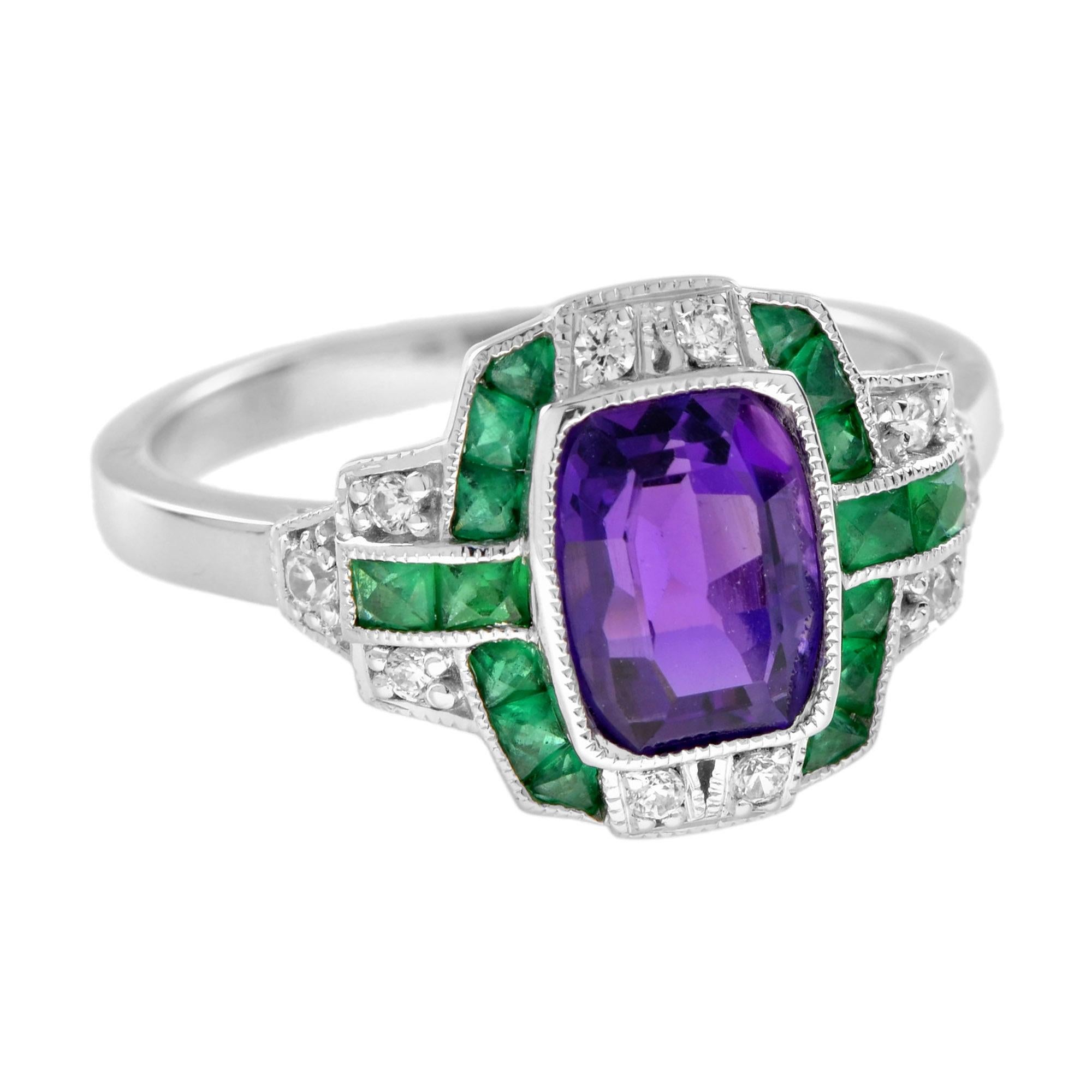 Cushion Cut Amethyst Emerald Diamond Art Deco Style Ring in 14K White Gold For Sale