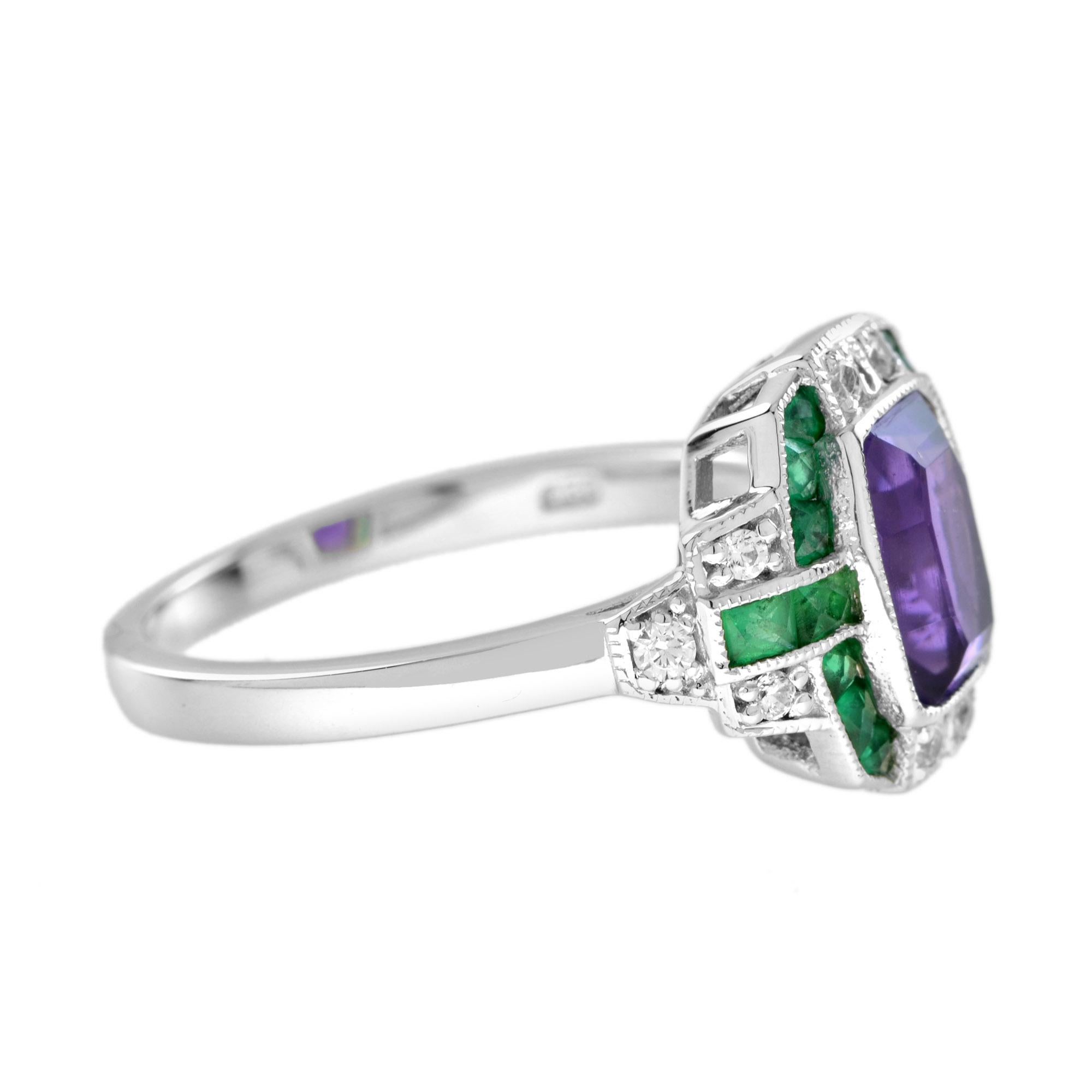 Amethyst-Smaragd-Diamant-Ring im Art-déco-Stil aus 14 Karat Weißgold (Kissenschliff) im Angebot