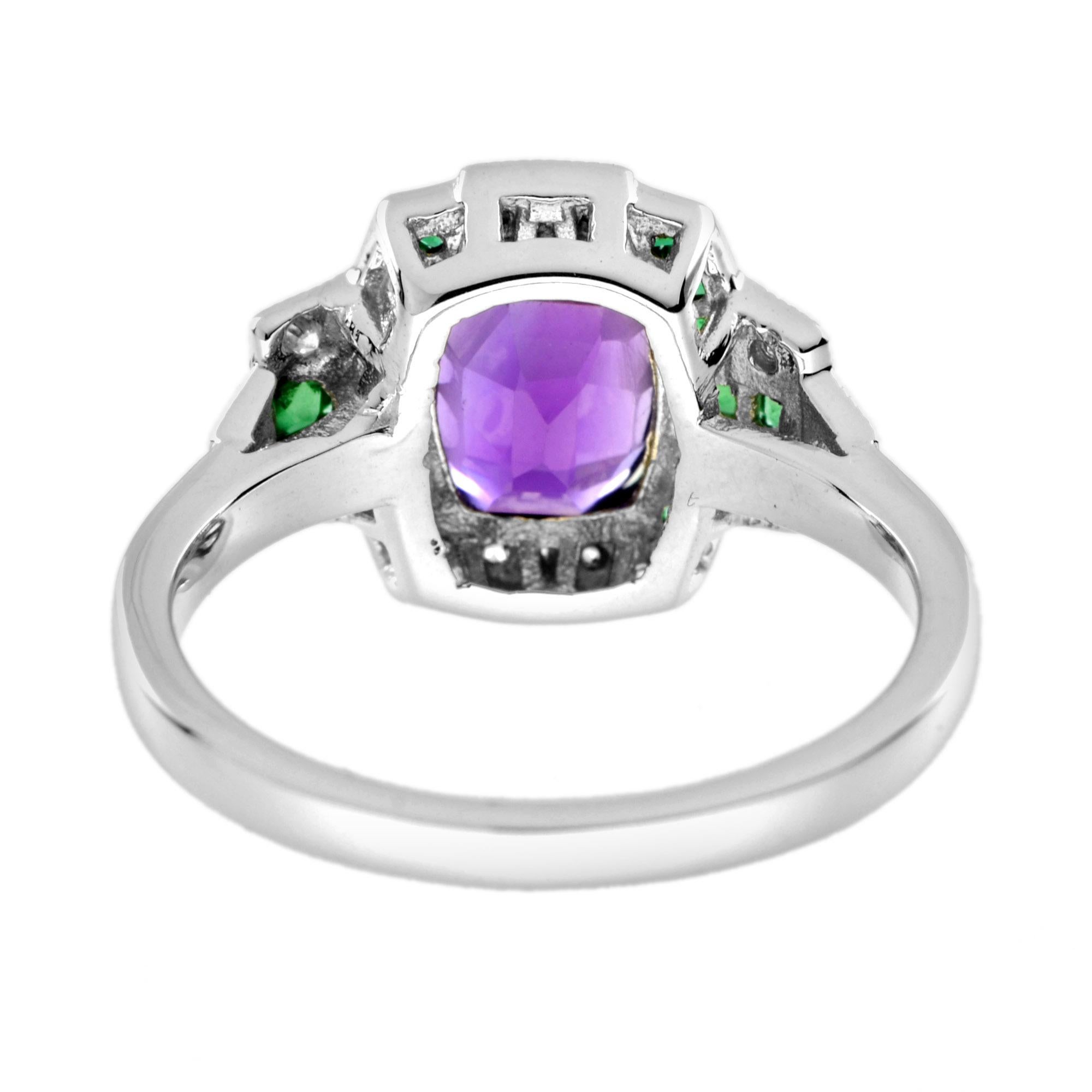 Women's Amethyst Emerald Diamond Art Deco Style Ring in 14K White Gold For Sale