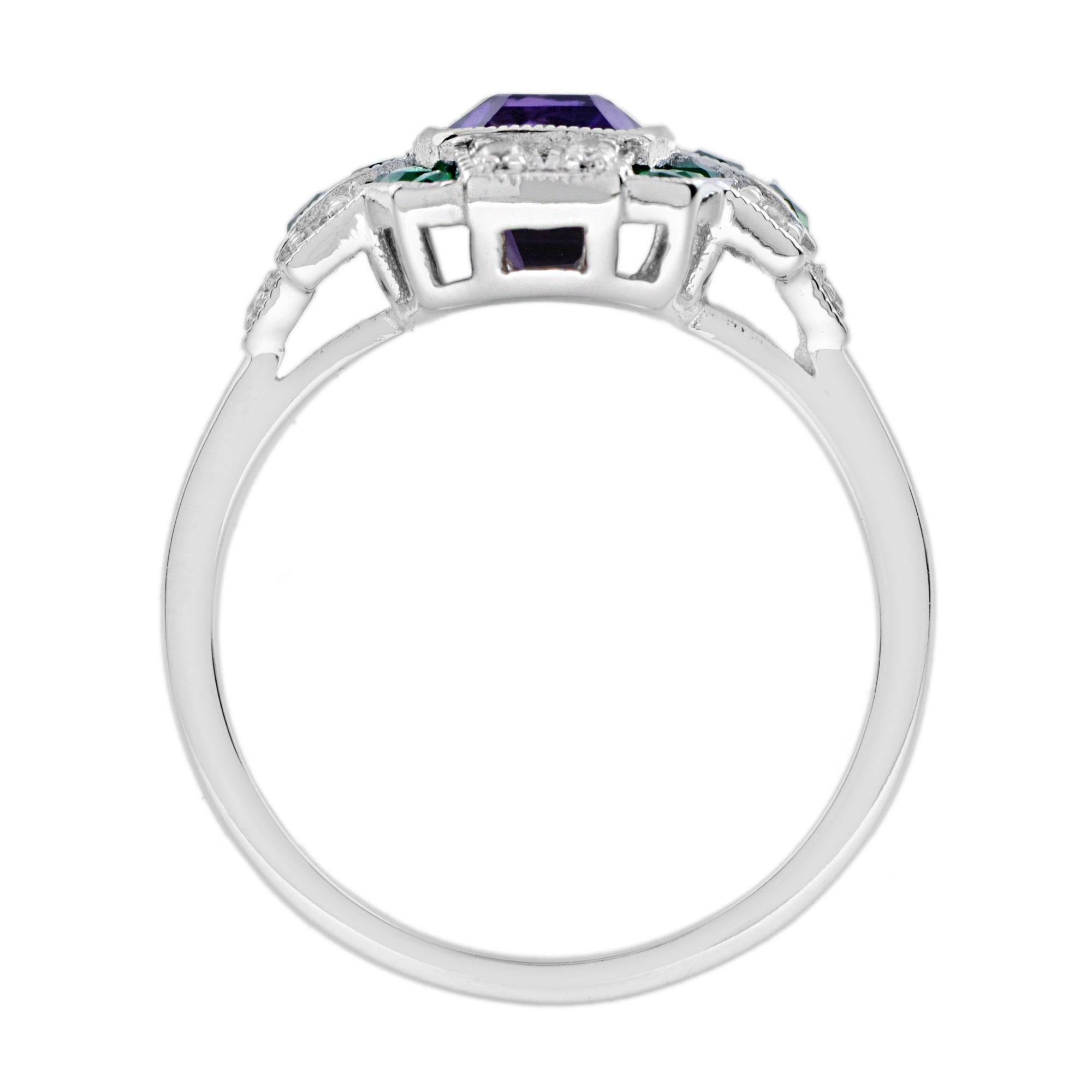Amethyst Emerald Diamond Art Deco Style Ring in 14K White Gold For Sale 1