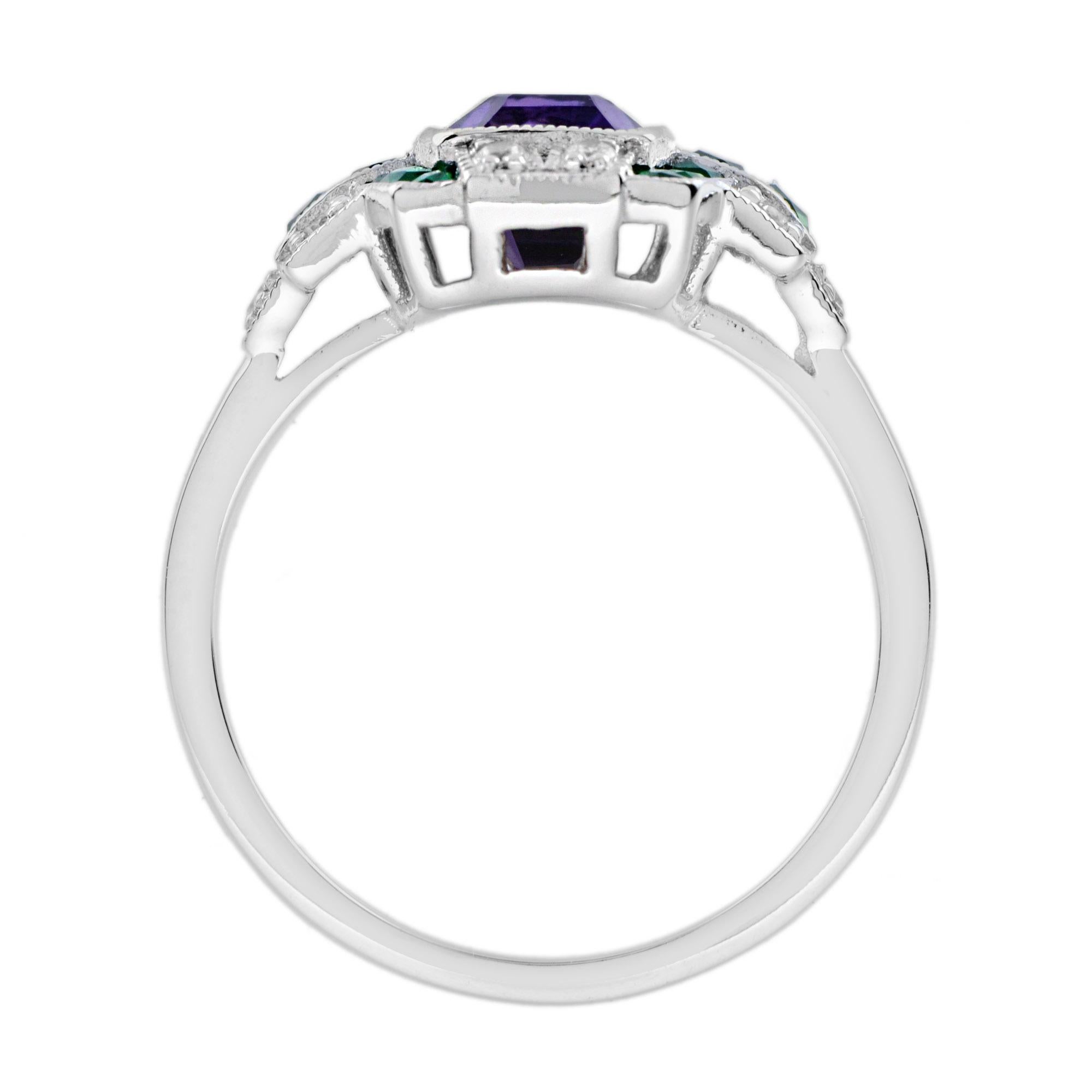 Amethyst-Smaragd-Diamant-Ring im Art-déco-Stil aus 14 Karat Weißgold Damen im Angebot