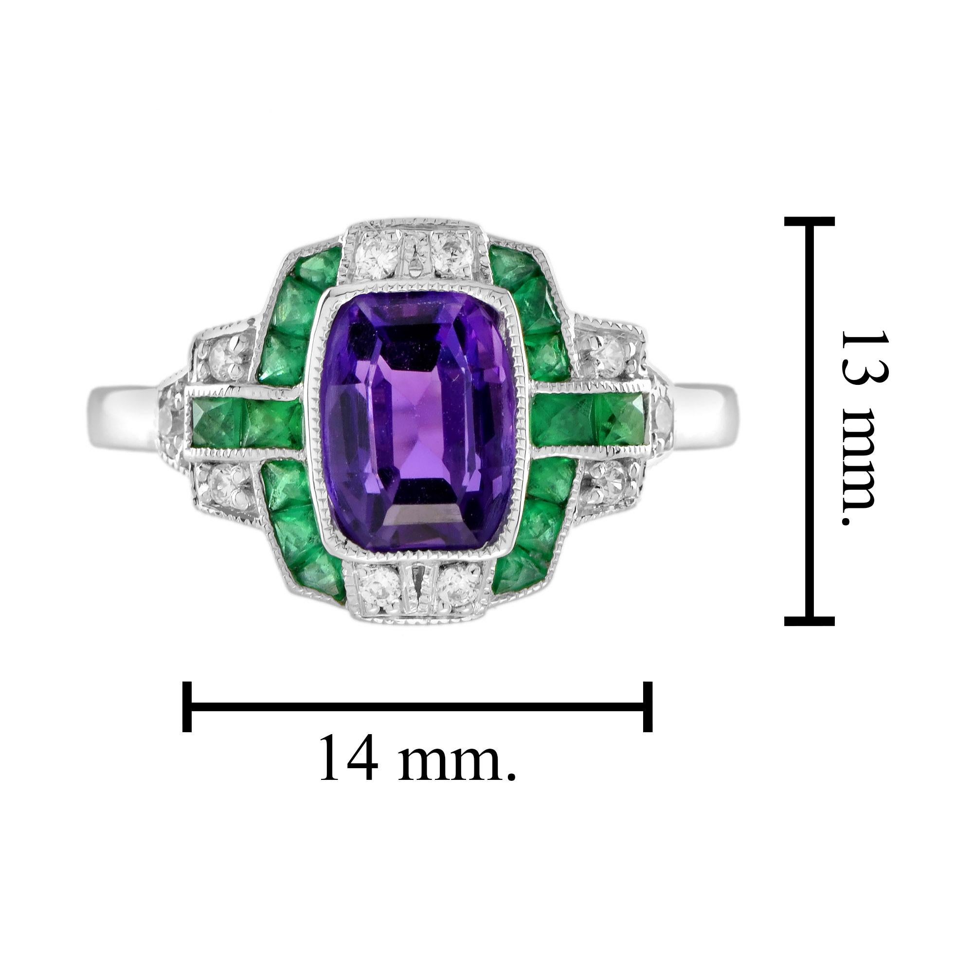 Amethyst Emerald Diamond Art Deco Style Ring in 14K White Gold For Sale 2