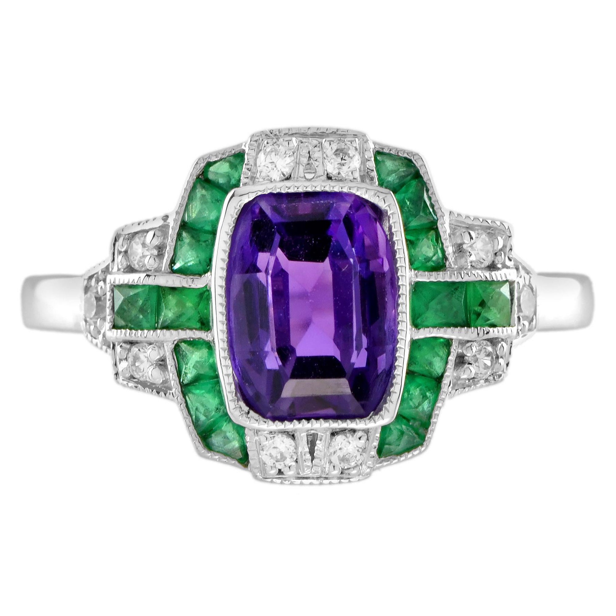 Anillo de amatista esmeralda diamante estilo Art Decó en oro blanco de 14 quilates