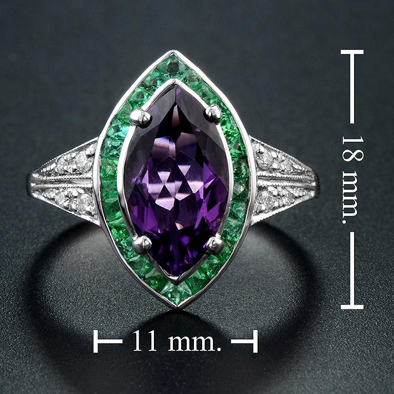 Marquise Cut Amethyst Emerald Diamond Cocktail Ring