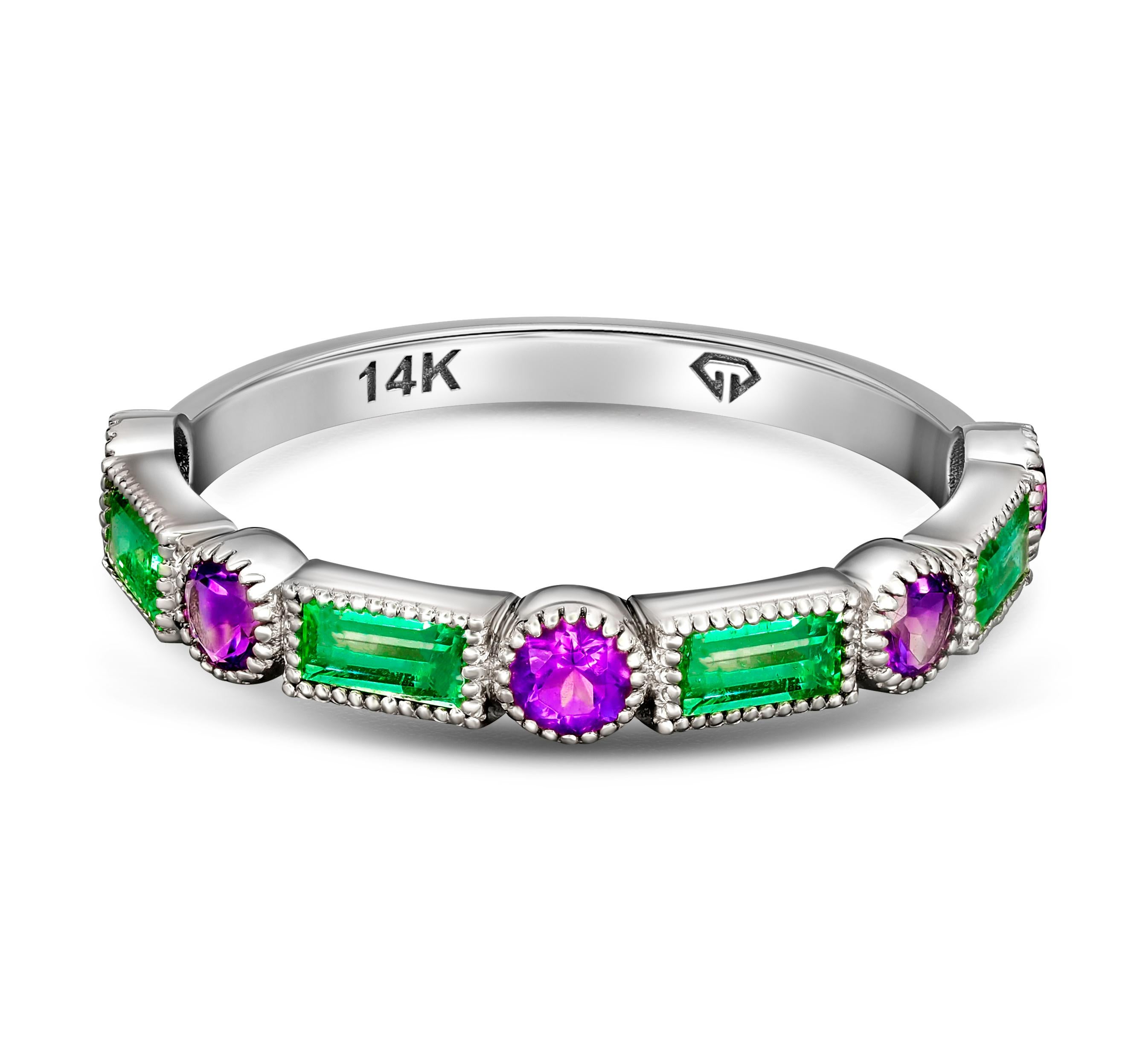 Amethyst, emerald half eternity ring band. 
Amethyst, emerald 14k gold ring. Gemstone semi eternity ring. Two gemstone color ring.

Weight: 1.4 g. depends from size
Metal: 14k gold

Set with emeralds:
Baguette shape, green color, aprx 0.60 ct total
