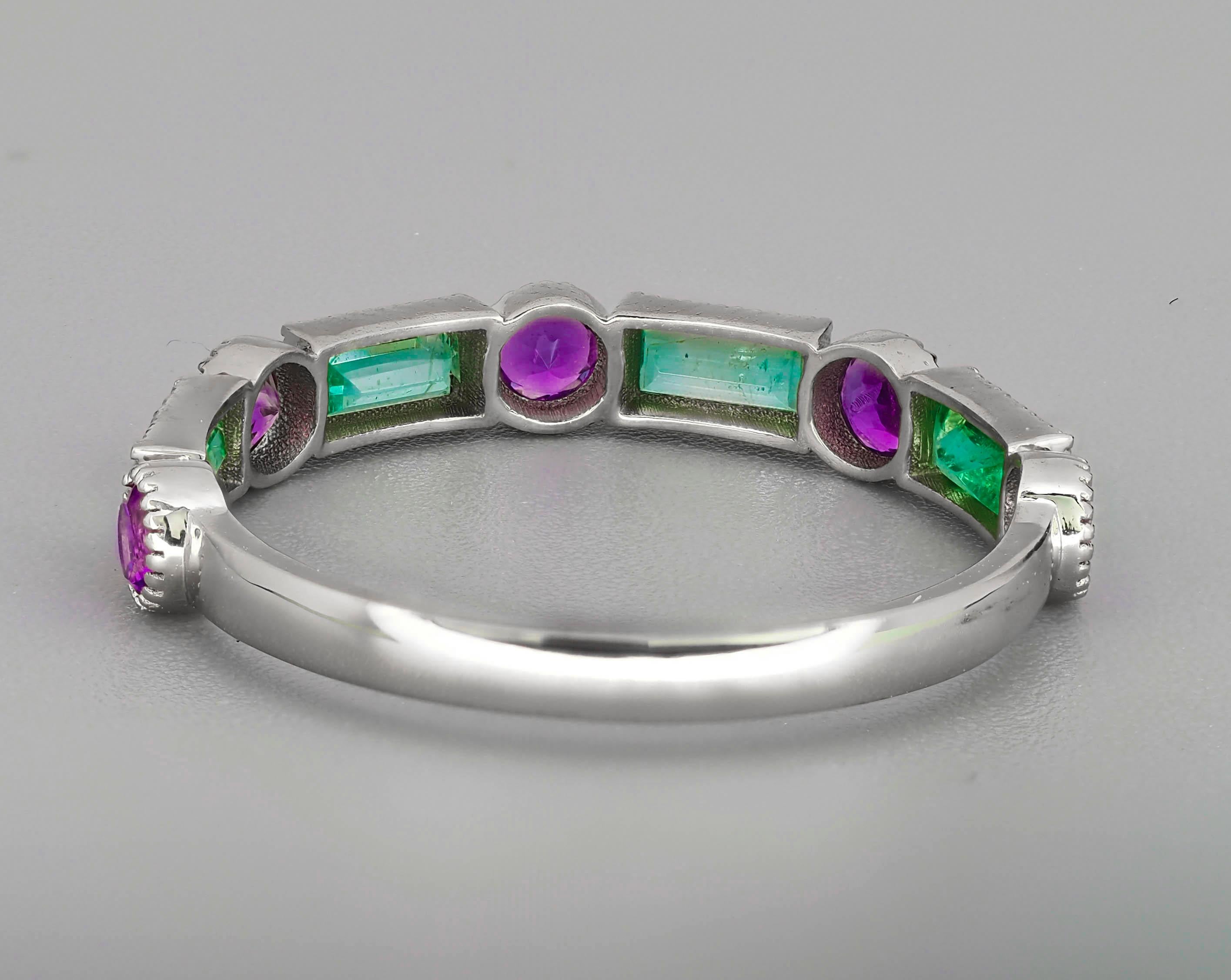 Amethyst, emerald half eternity ring band.  In New Condition For Sale In Istanbul, TR