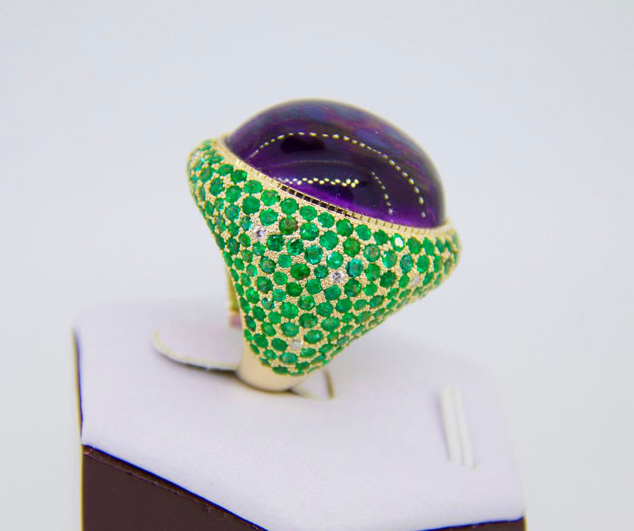 For Sale:  Amethyst, Tsavorites and Diamonds Cocktail 14k Gold Ring 10