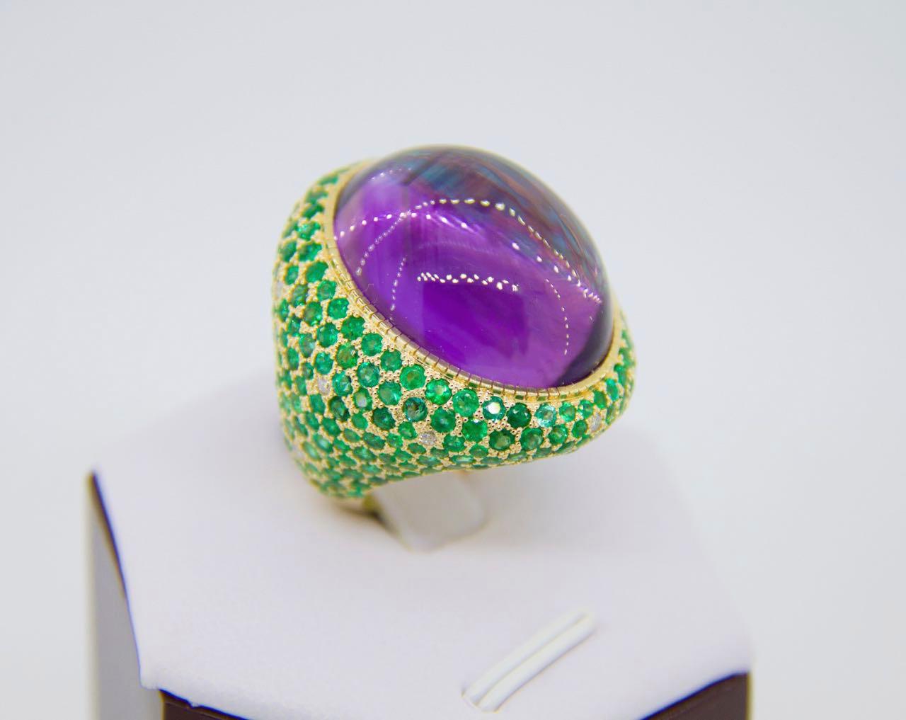 For Sale:  Amethyst, Tsavorites and Diamonds Cocktail 14k Gold Ring 5