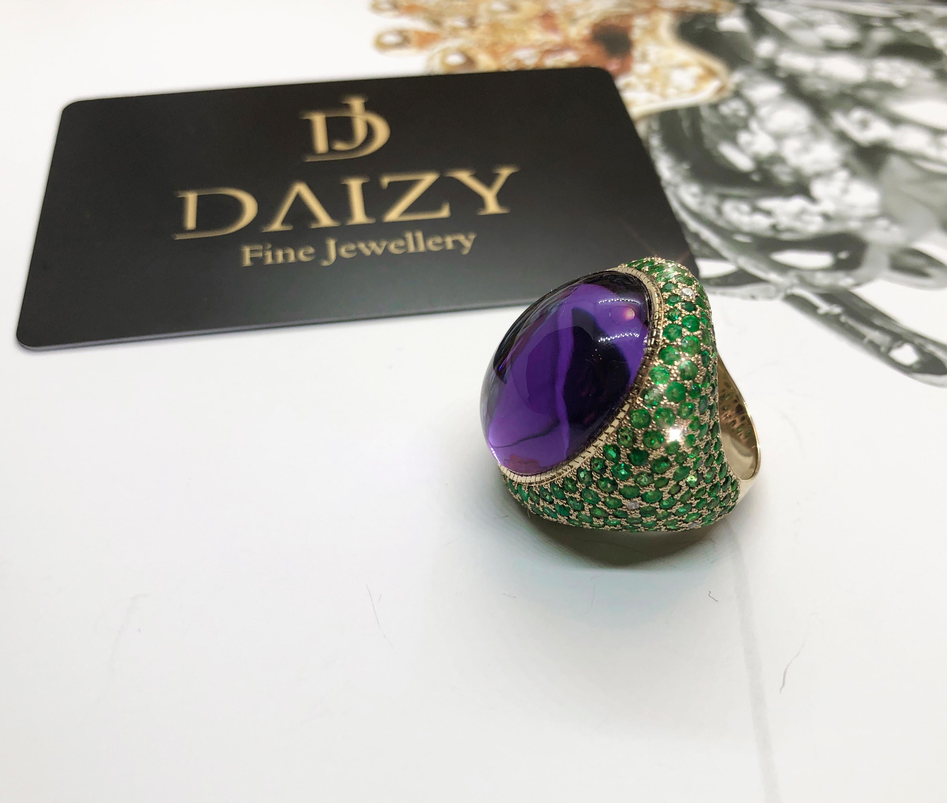For Sale:  Amethyst, Tsavorites and Diamonds Cocktail 14k Gold Ring 7