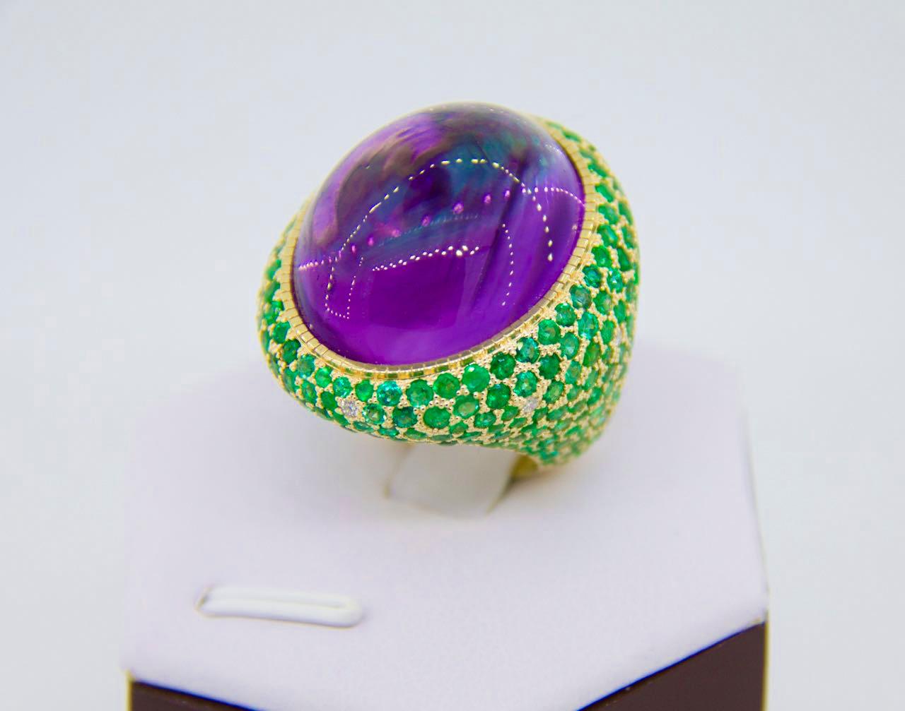 For Sale:  Amethyst, Tsavorites and Diamonds Cocktail 14k Gold Ring 8