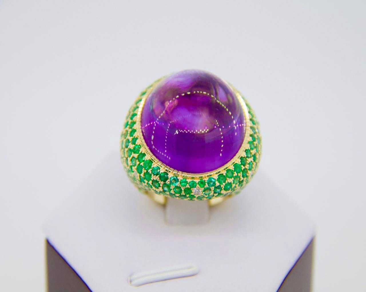 For Sale:  Amethyst, Tsavorites and Diamonds Cocktail 14k Gold Ring 9