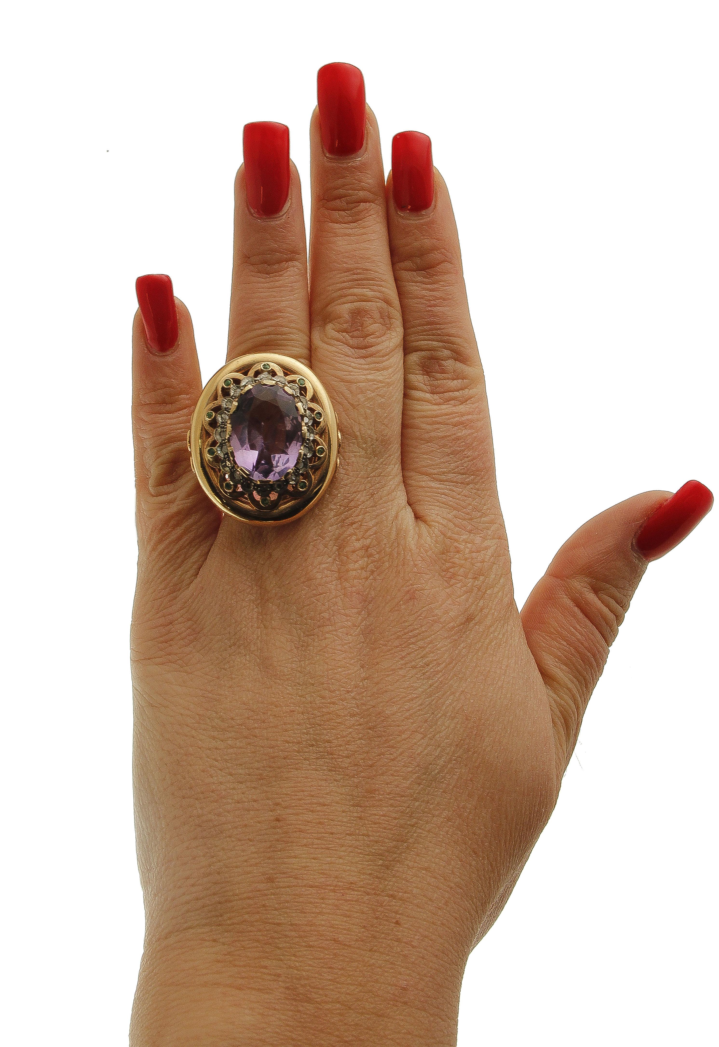 Amethyst, Emeralds, Diamonds, 9 Karat Rose Gold and Silver Retro Ring For Sale 1