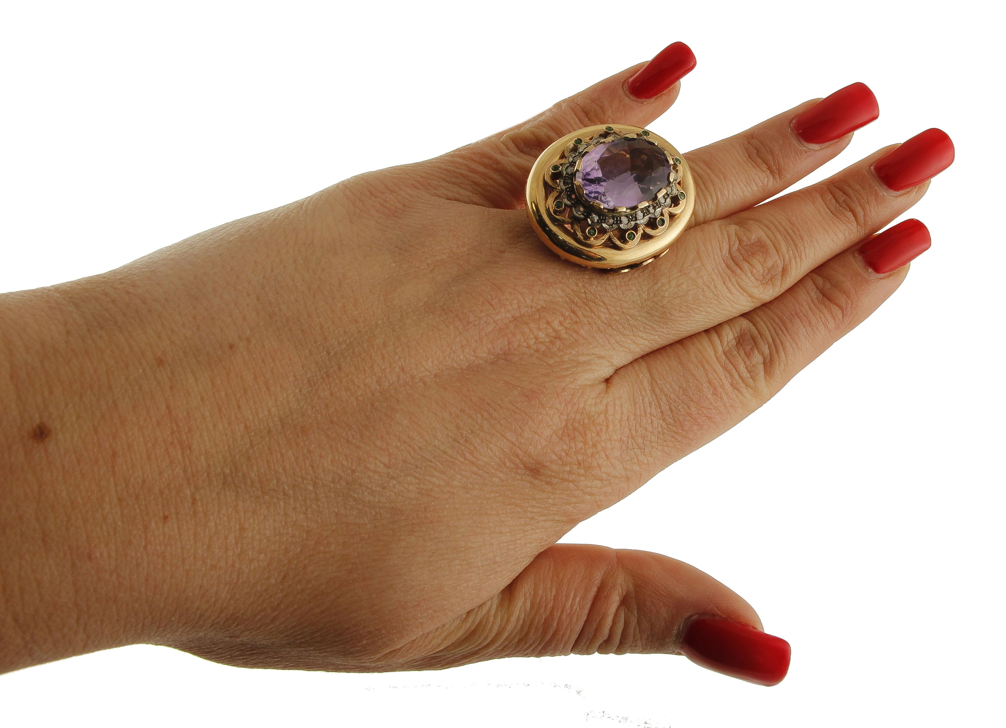 Amethyst, Emeralds, Diamonds, 9 Karat Rose Gold and Silver Retro Ring For Sale 2